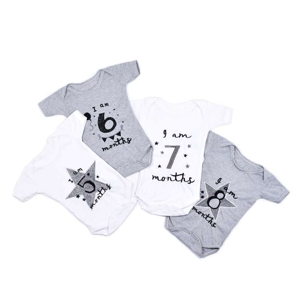 Hand Embroidered Milestone Romper Set of 12 - Monochrome