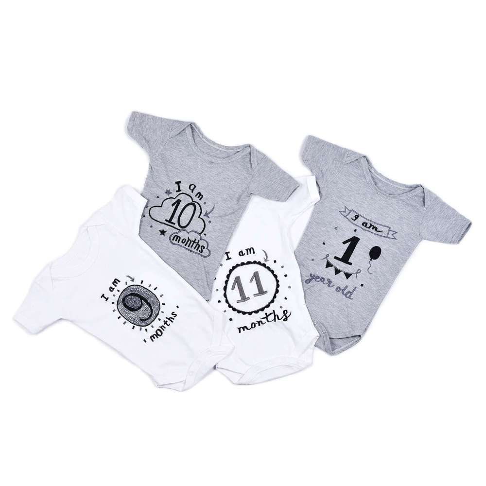 Hand Embroidered Milestone Romper Set of 12 - Monochrome