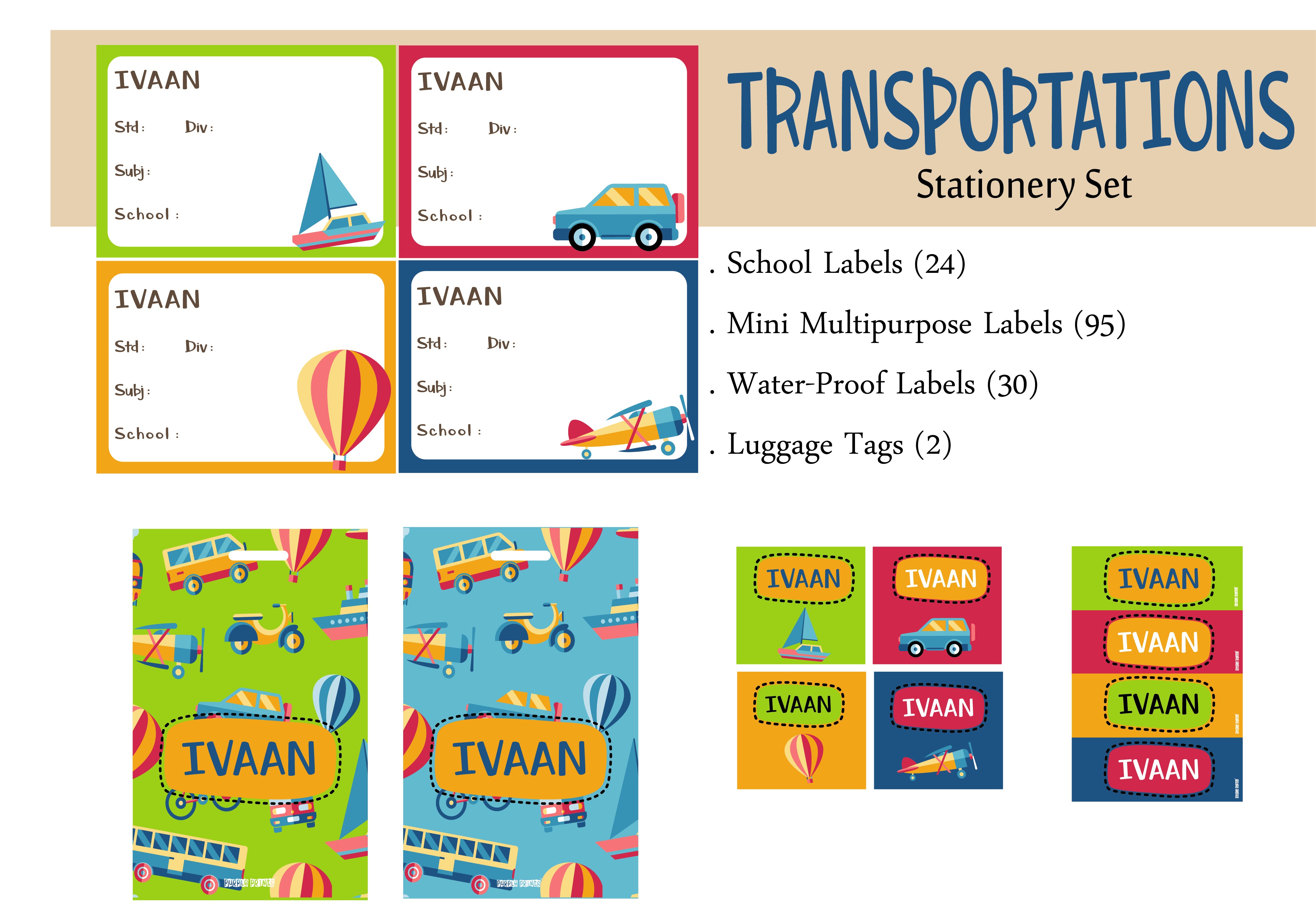 Label Set - Transportations, 146 labels and 2 bag tags