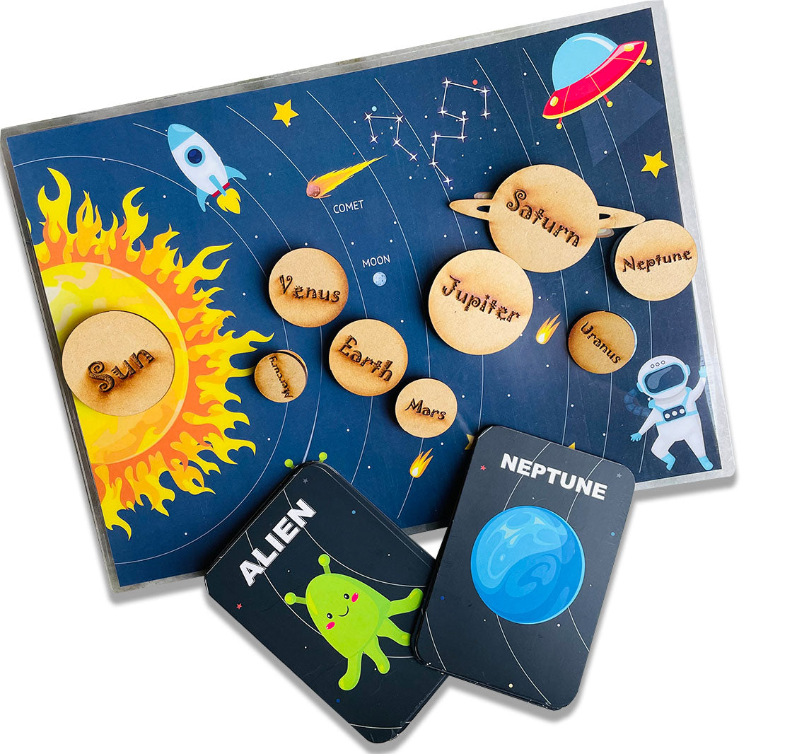 Solar System Flashcard With Space Board Activity (Contain Wooden Planets)