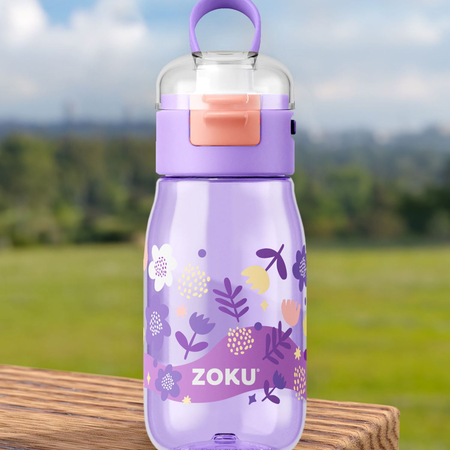 Zoku Purple Flowers Flip Gulp Kids Bottle, 465ml