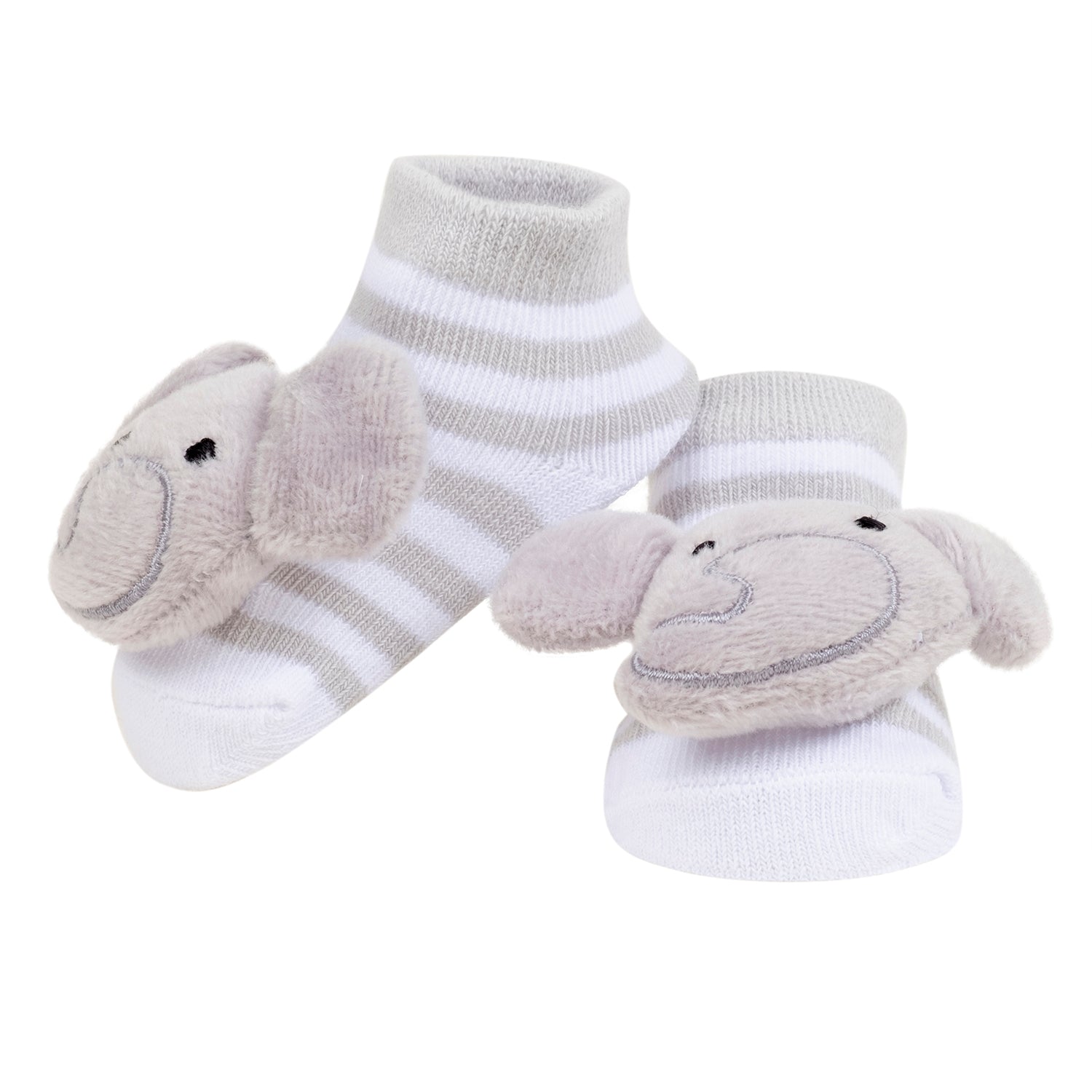 Baby Moo 3D Lion Elephant Cotton Ankle Length Fancy Infant Gift Set of 2 Socks Booties - Grey, Peach