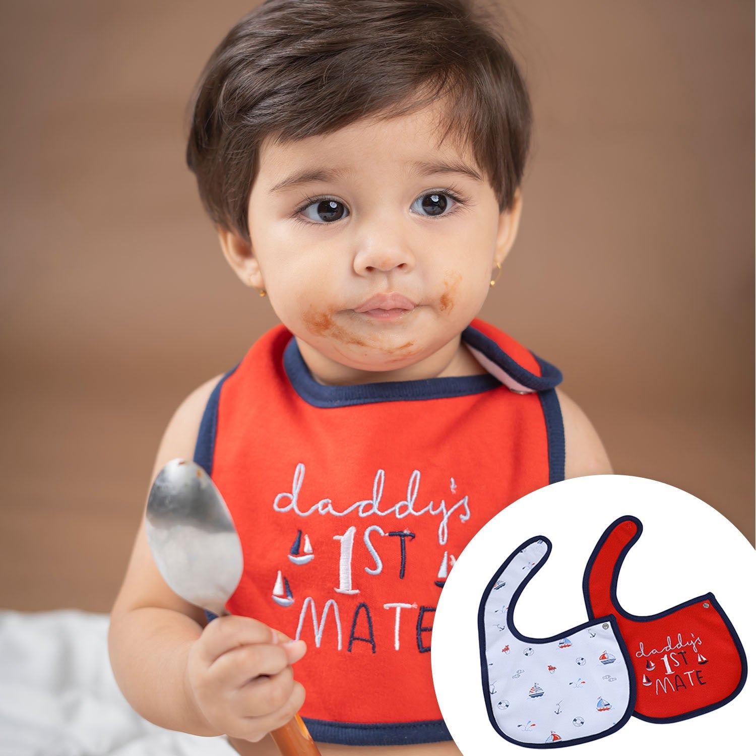 Baby Moo Daddy's Sailor Cotton 2 Pack Buttoned Feeding Bibs - Red - Baby Moo