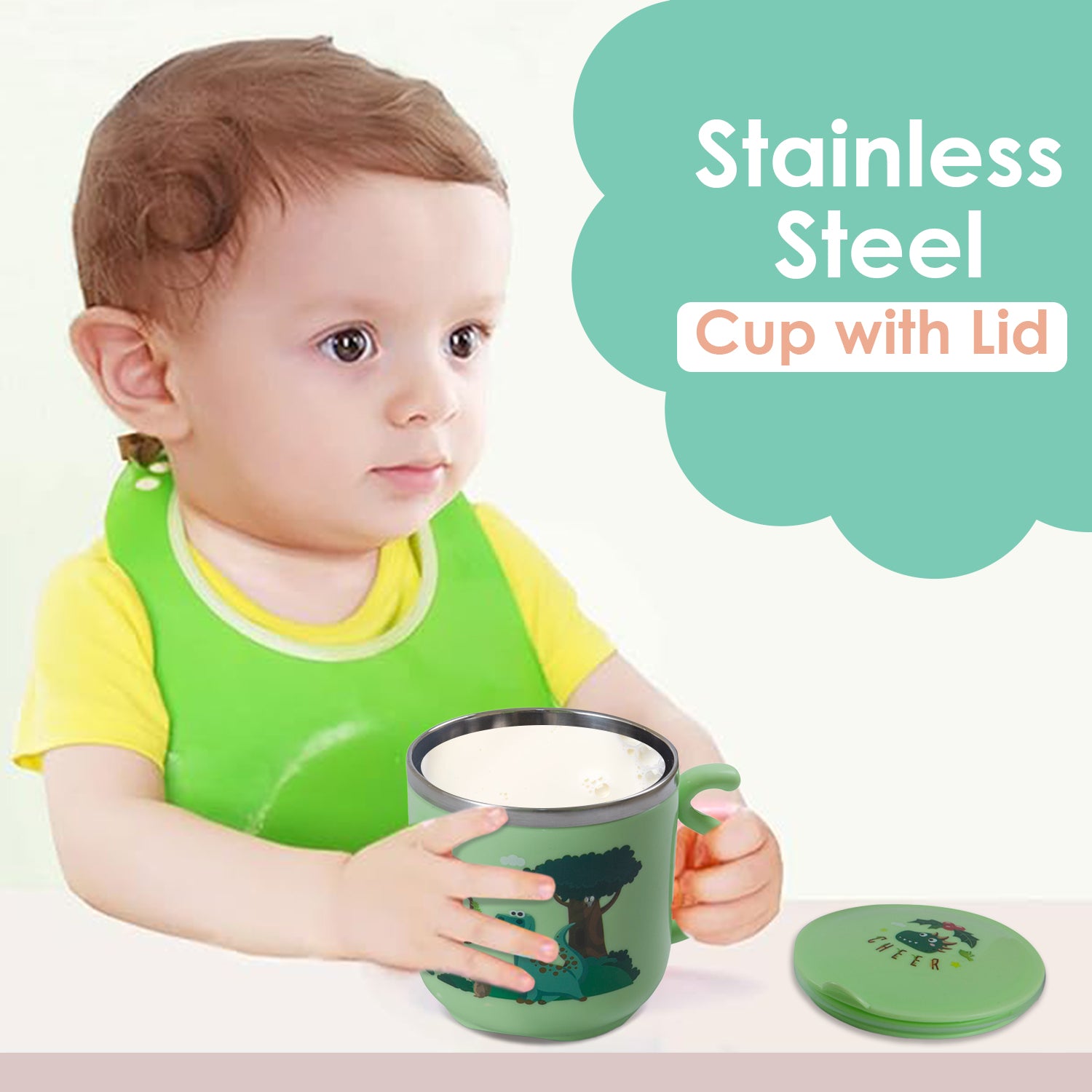 Stainless Steel Water Cup with Lid Dinosaur - Green