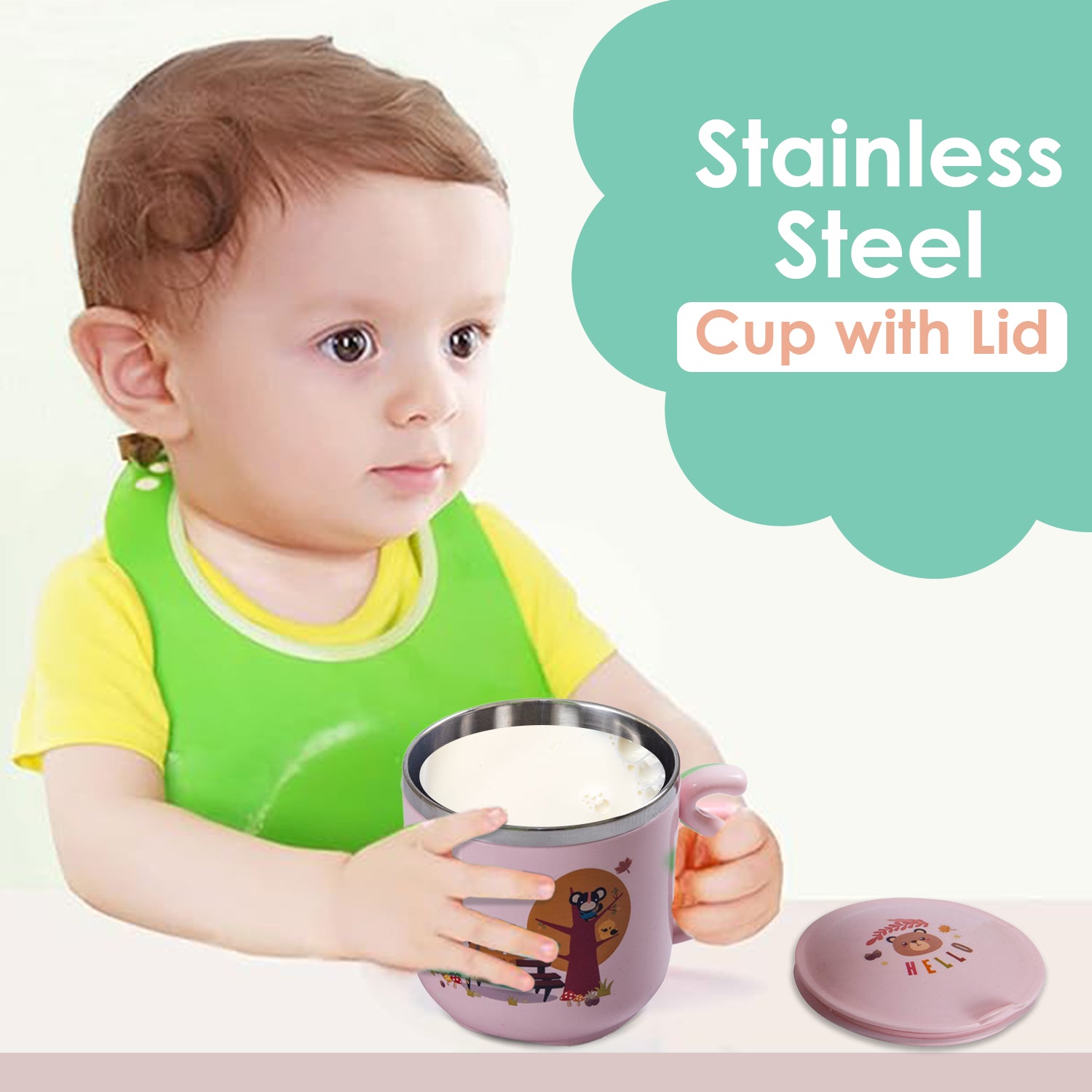 Stainless Steel Water Cup with Lid Bear - Pink