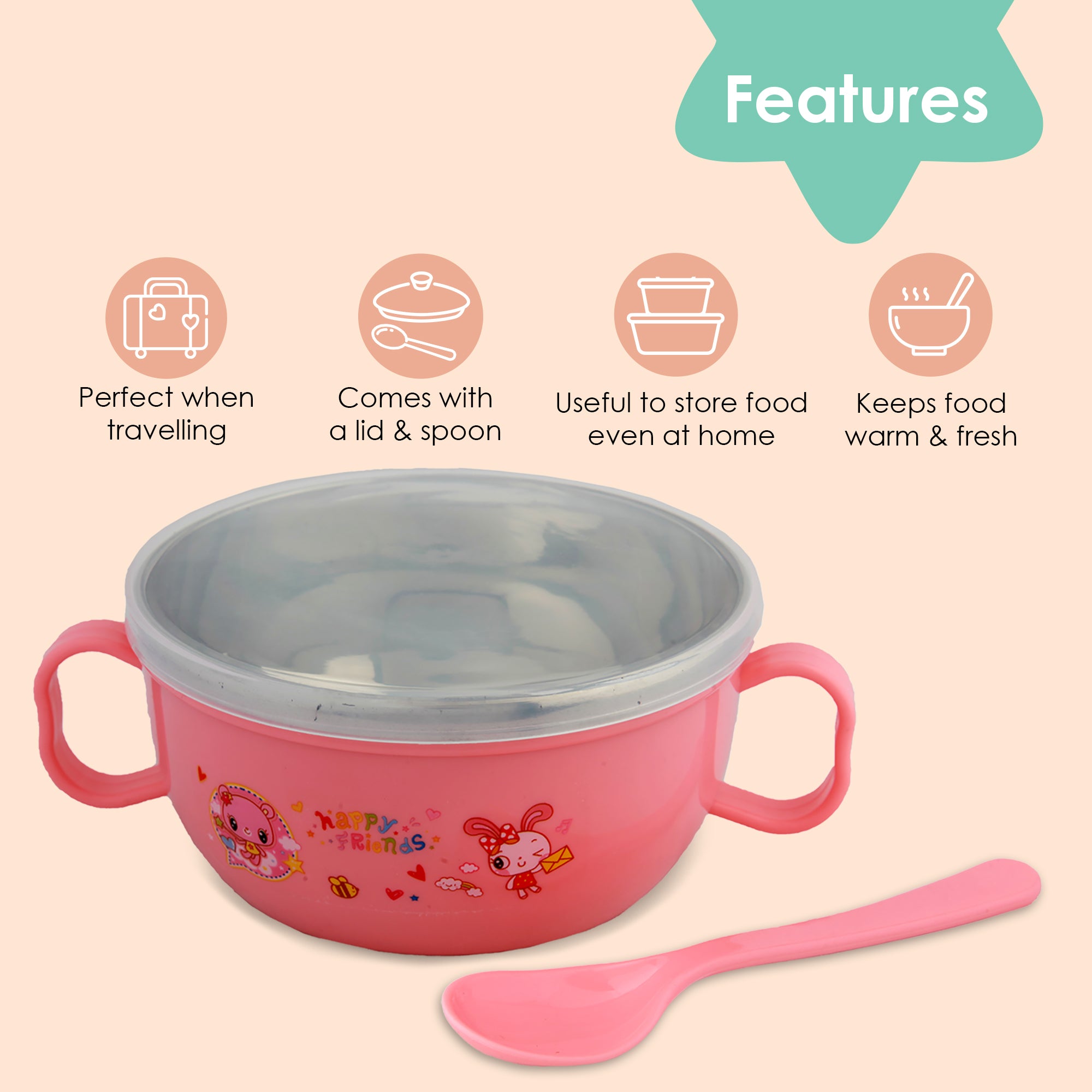 On-The-Go Pink Steel Bowl & Spoon Tiffin Set