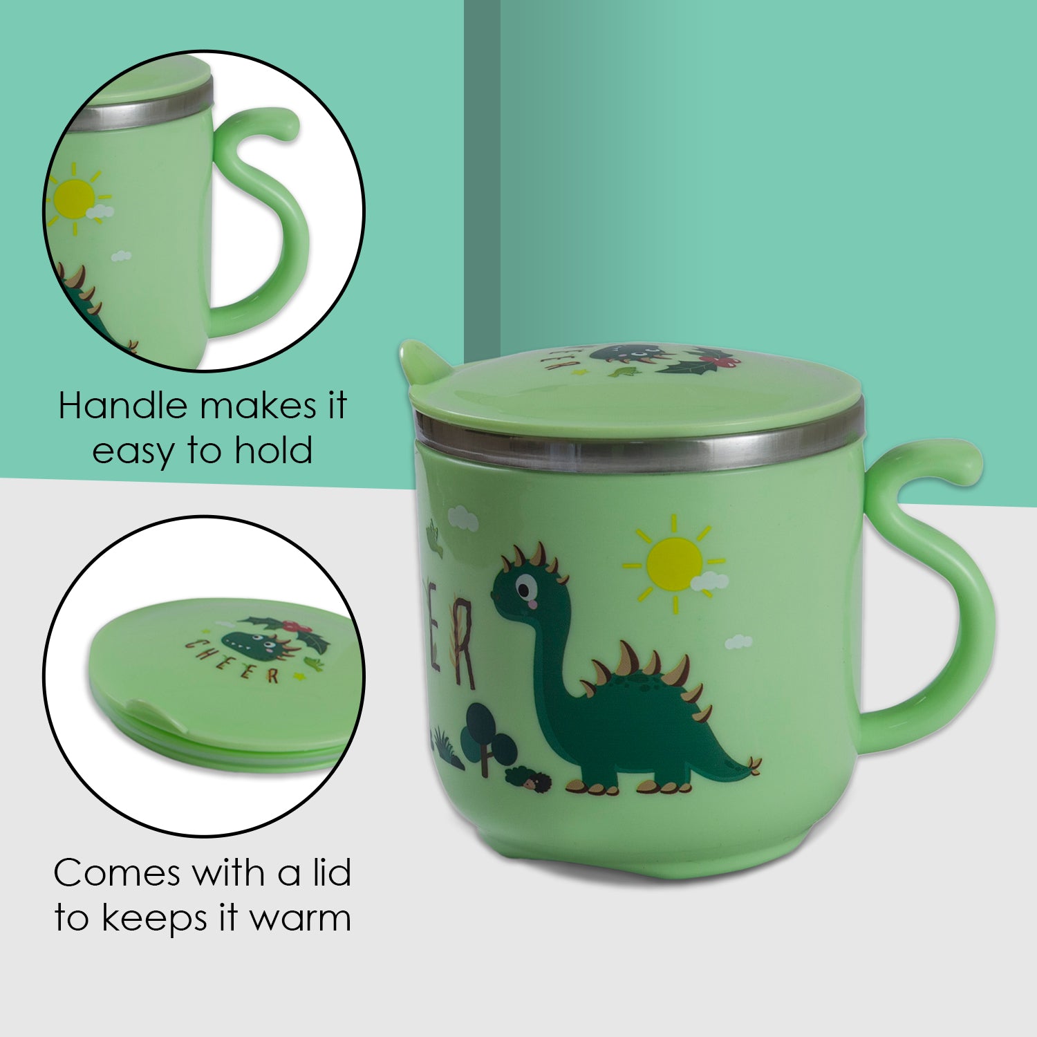 Stainless Steel Water Cup with Lid Dinosaur - Green