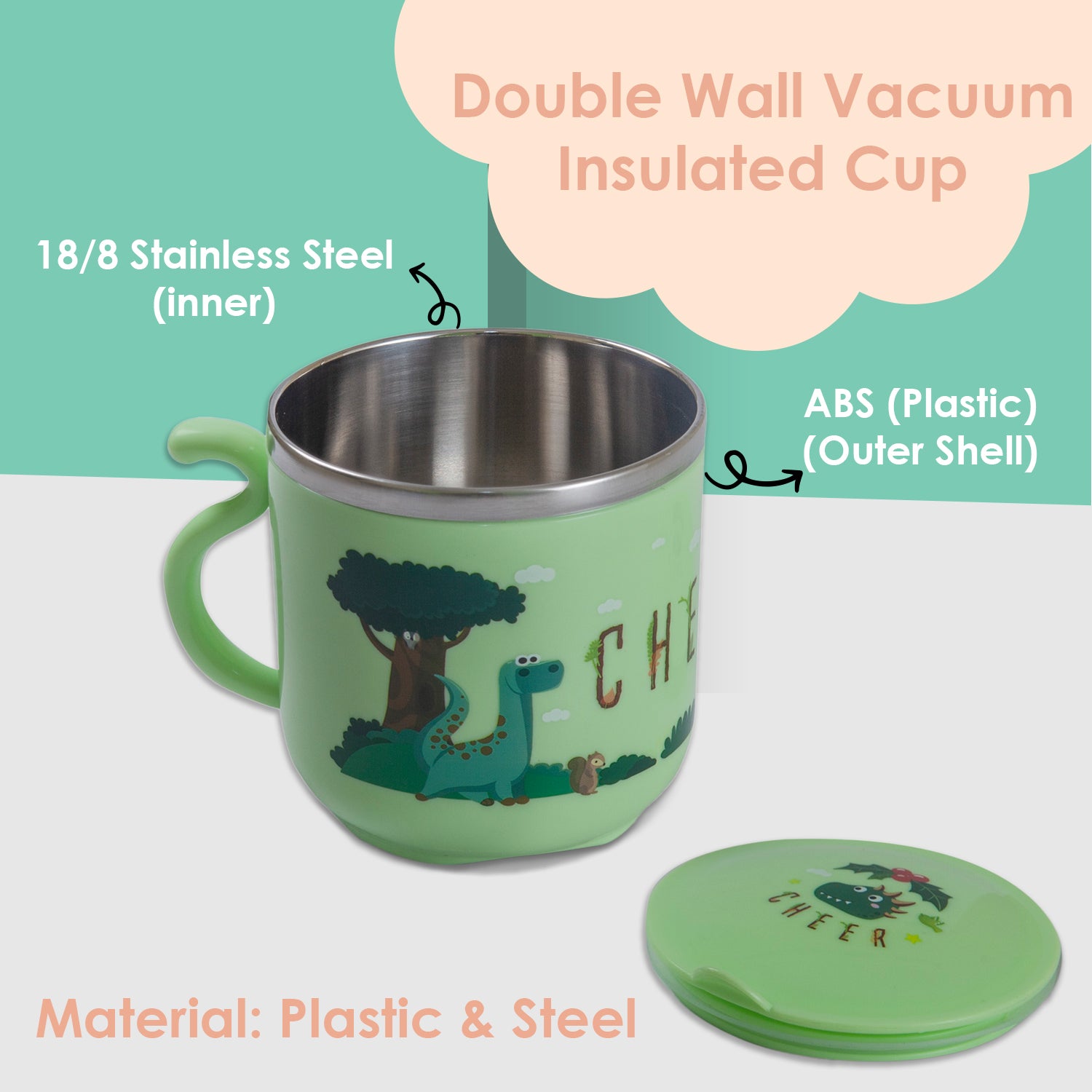 Stainless Steel Water Cup with Lid Dinosaur - Green