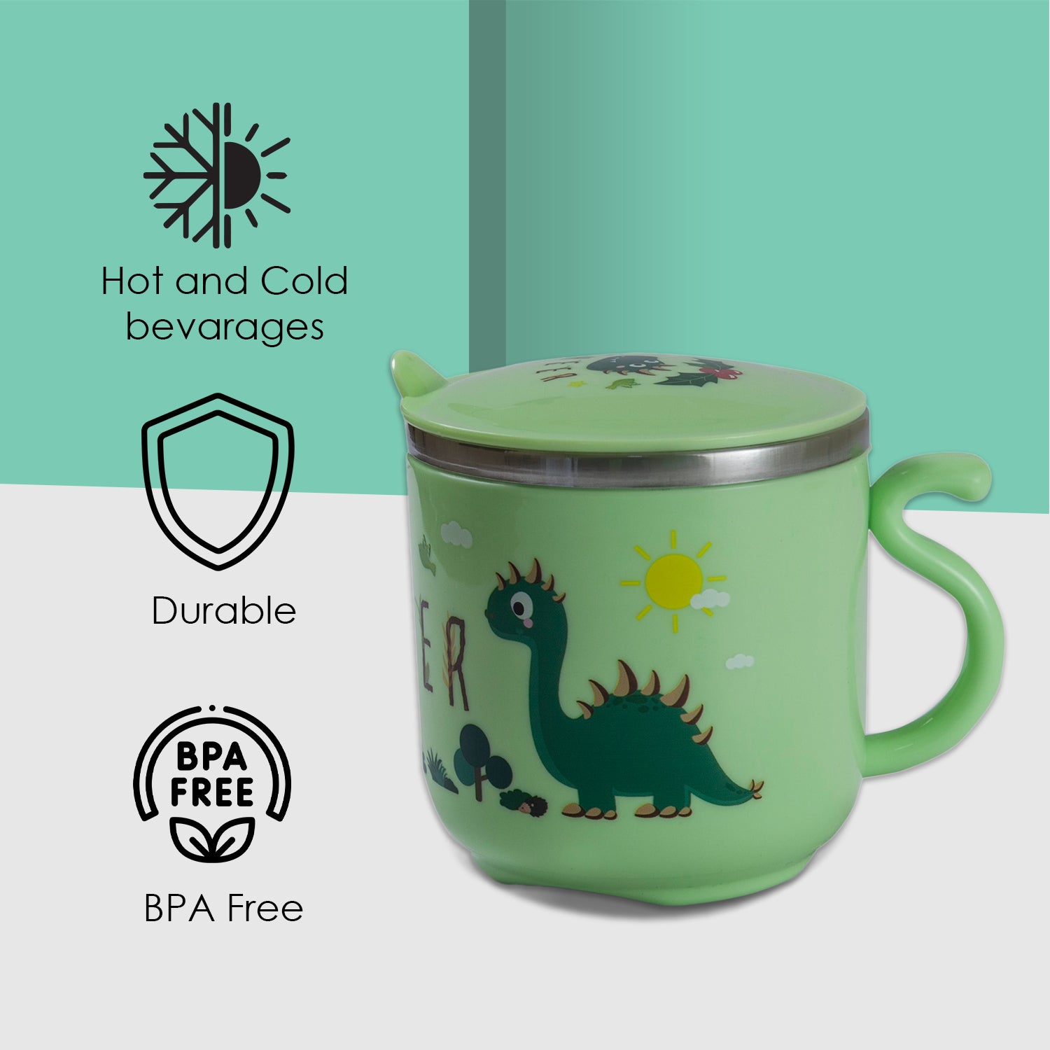 Stainless Steel Water Cup with Lid Dinosaur - Green