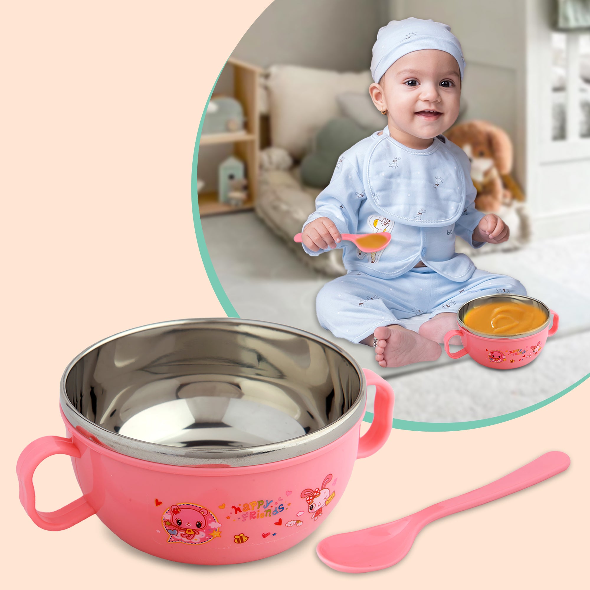 On-The-Go Pink Steel Bowl & Spoon Tiffin Set