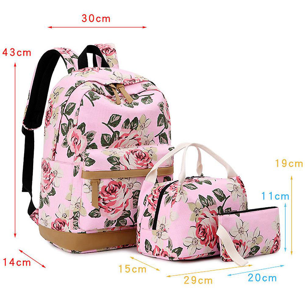 Pink Bloom , 3 Pcs Matching Backpack With Lunch Bag & Stationery Pouch, Pink