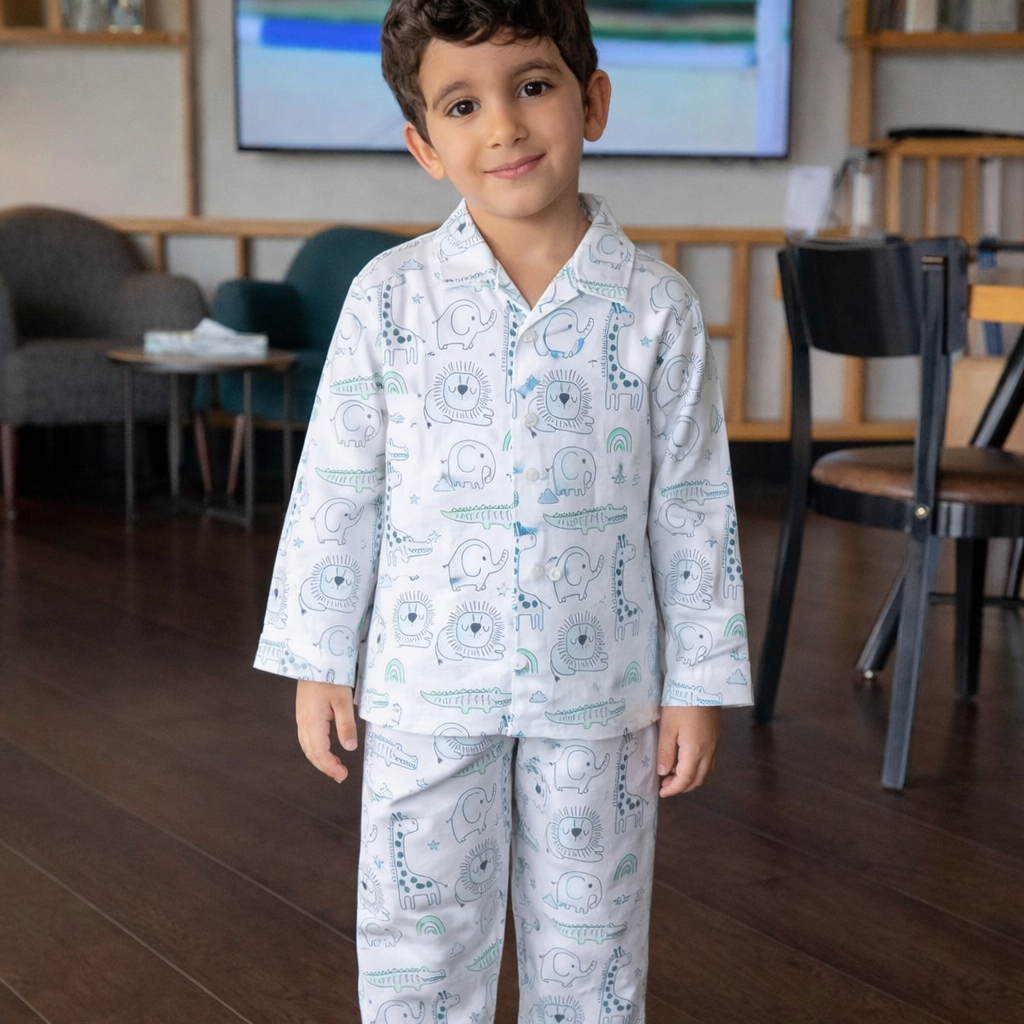 Kids Cotton Nightsuit - Multiple Designs - Grey Animals design