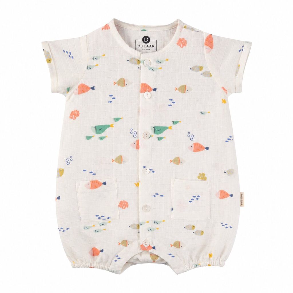 Baby romper with fish pattern on a white background