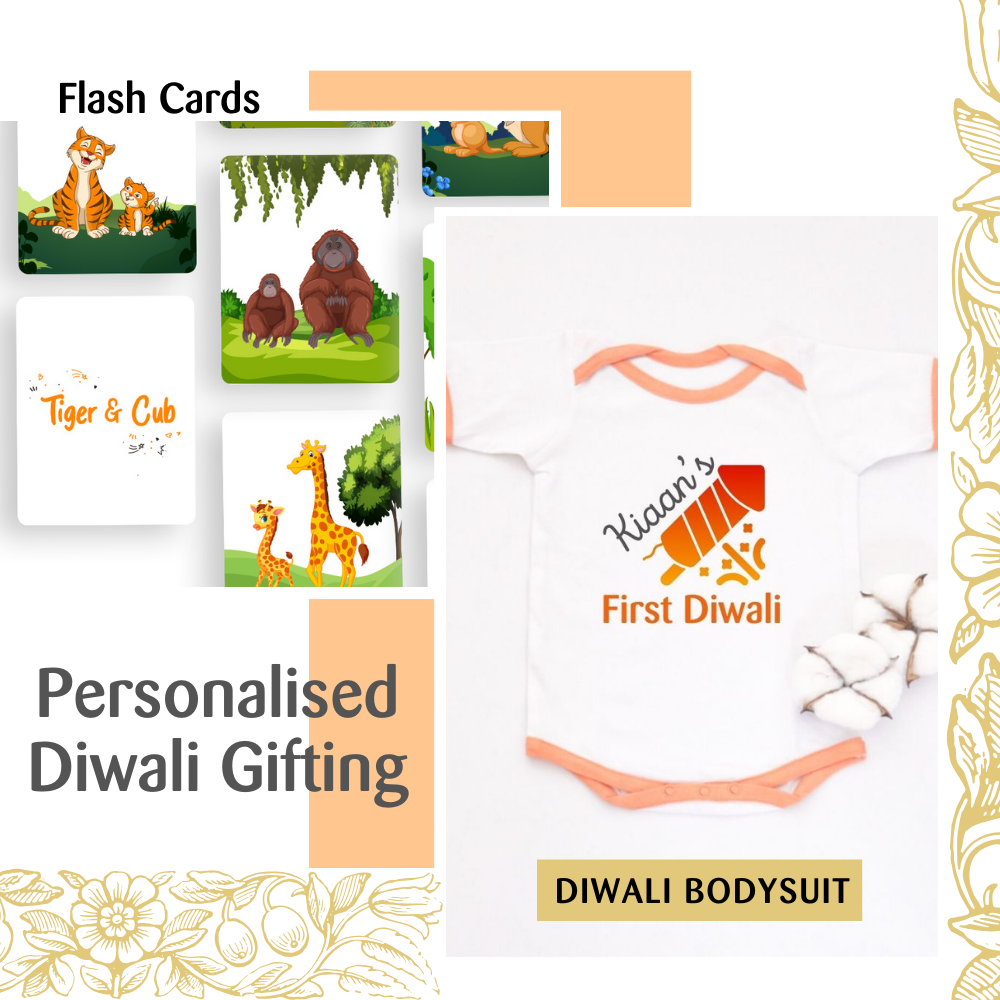 Wild Animals Flash Cards & Diwali Bodysuit Gift Set