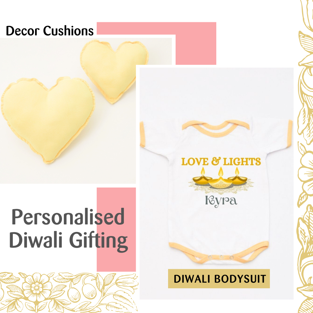 Hearts Decor Cushions & Diwali Bodysuit Gift Set