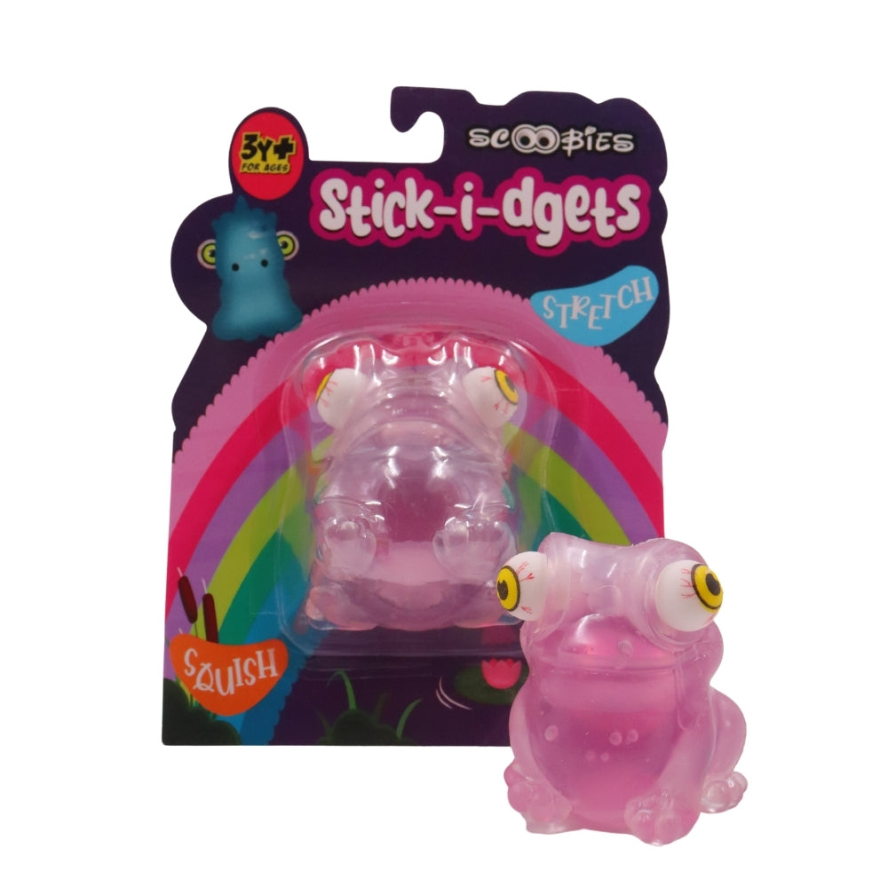 Scoobies Stick-i-dgets | Pack of 1 | Available in frog shape with vibrant purple color | Soft and squishy with glow in the dark feature | Squeeze it and its eyes pop out | Good for hand muscle exercises and fidgeting