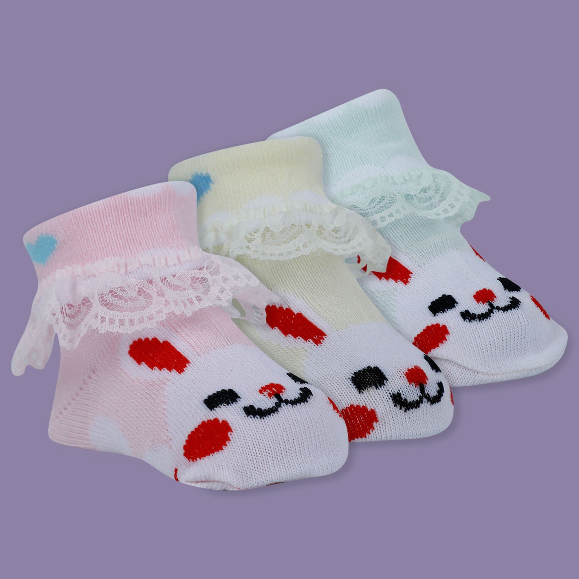 Baby Moo Heart Print Soft Lace Socks Pack of 3 - Pink, Mint Green