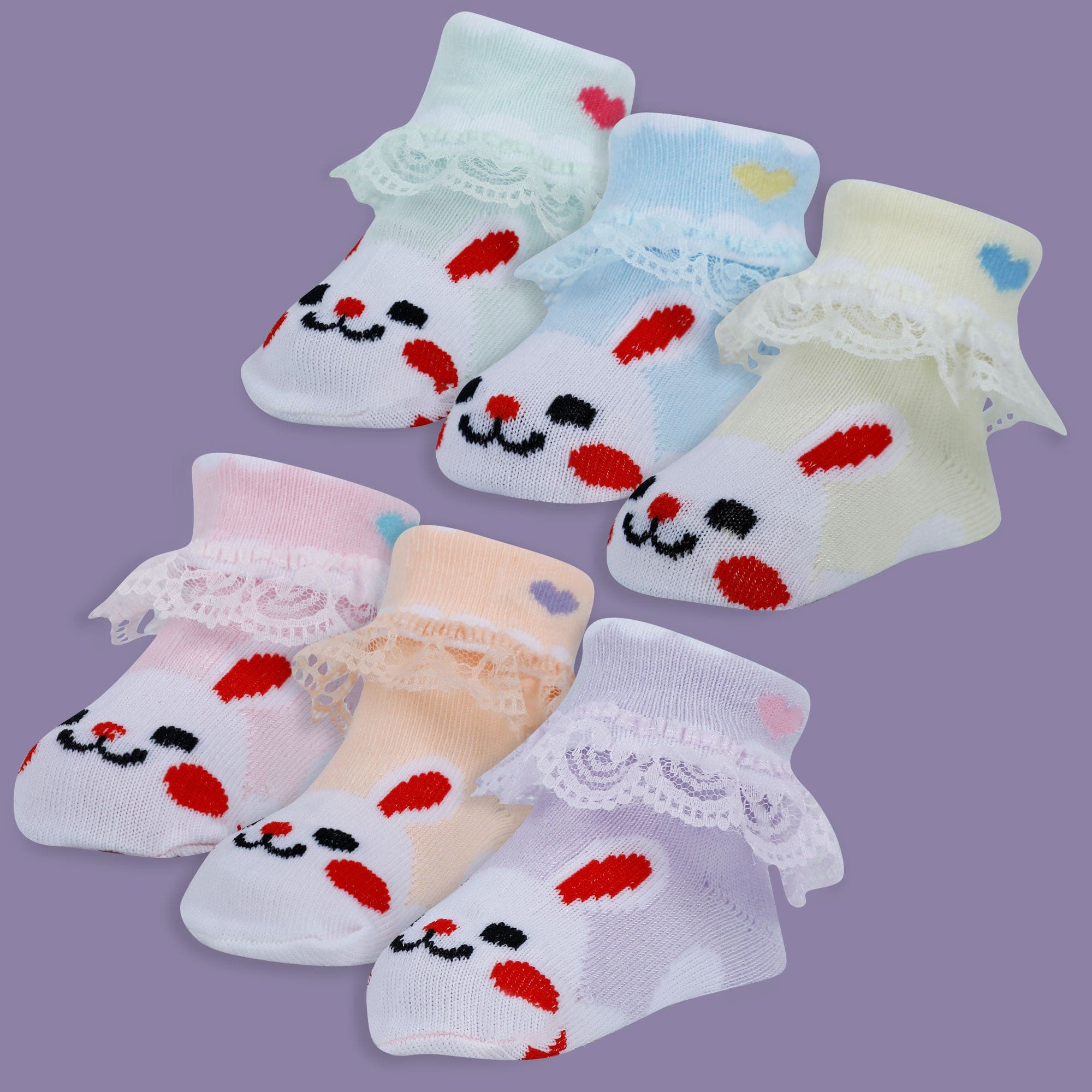 Baby Moo Heart Print Soft Lace Socks Pack of 6 - Multicolour