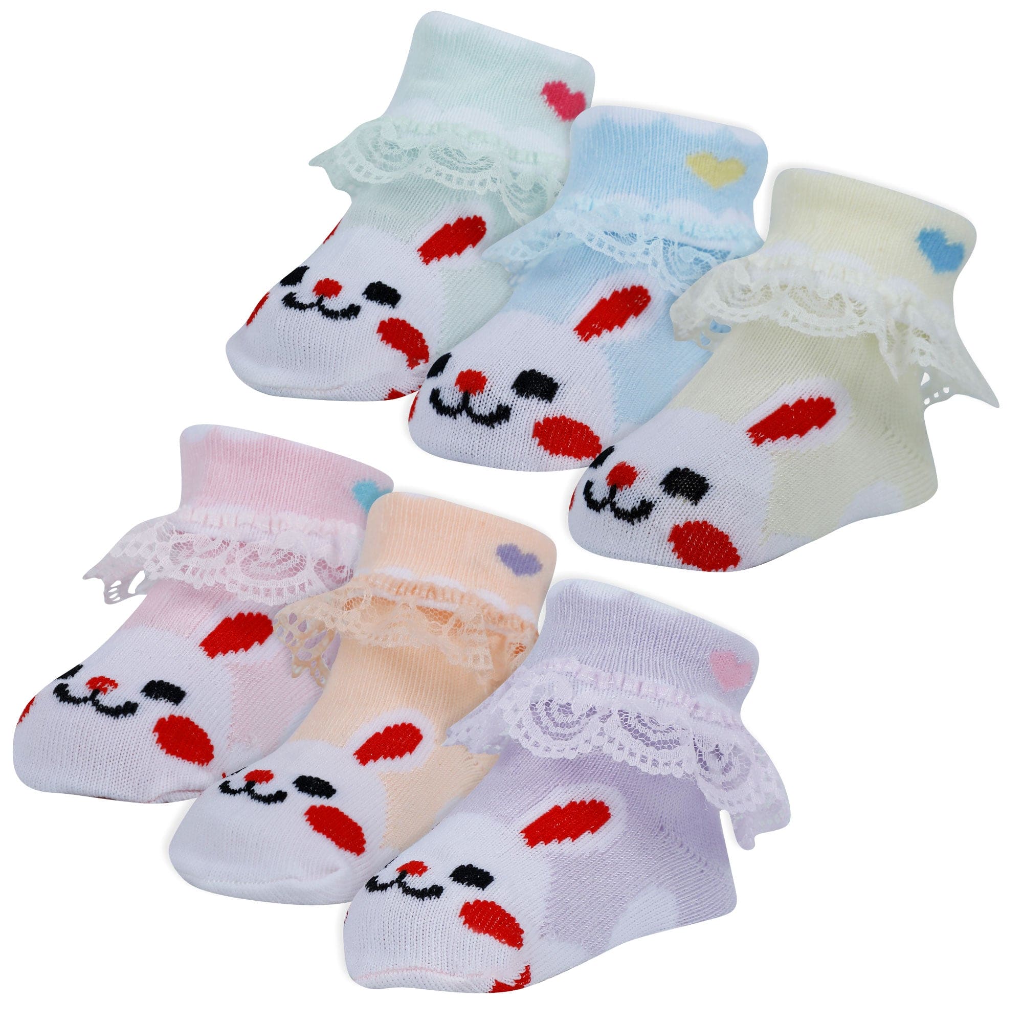 Baby Moo Heart Print Soft Lace Socks Pack of 6 - Multicolour