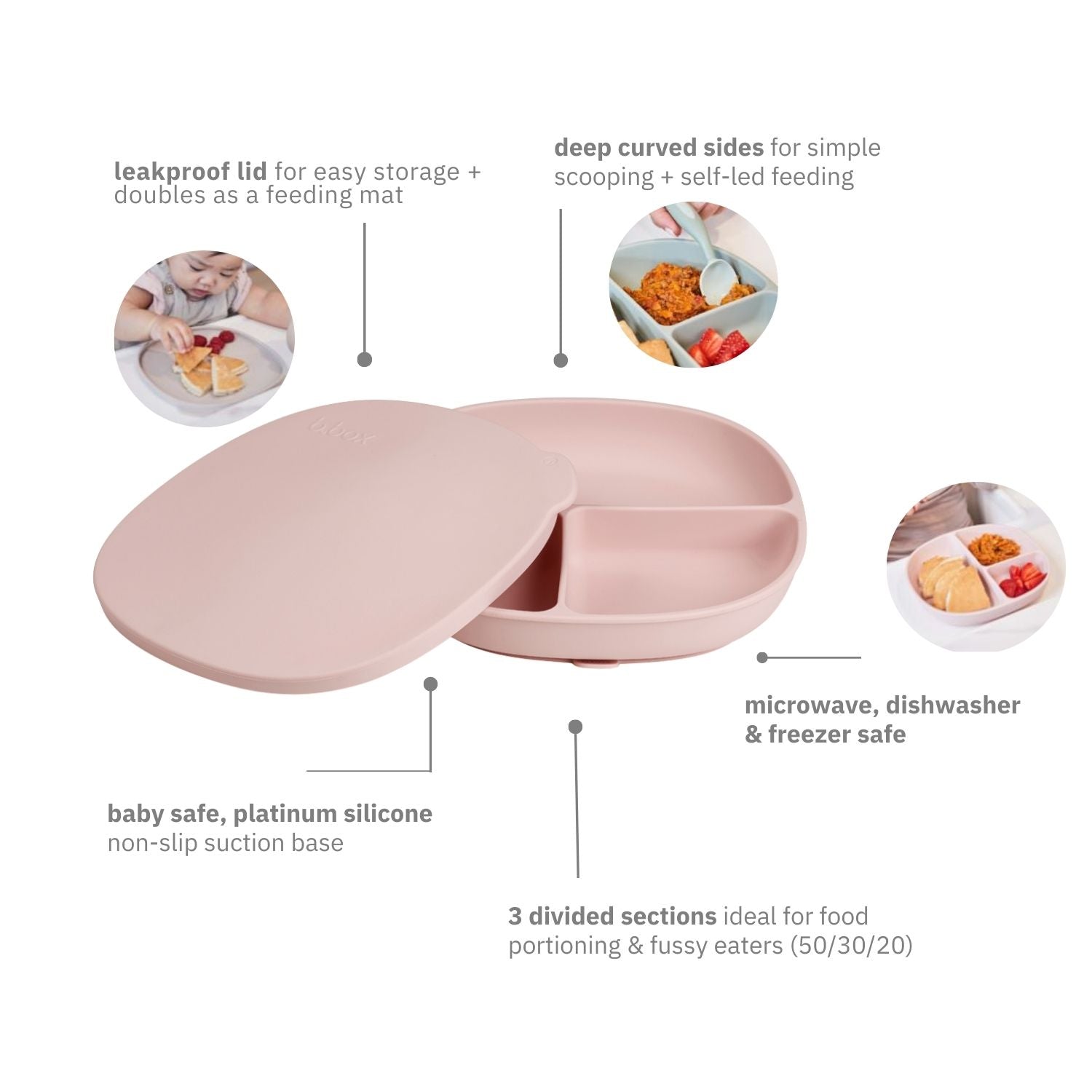 b.box Silicone Plate + Lid with Suction Base Blush Pink