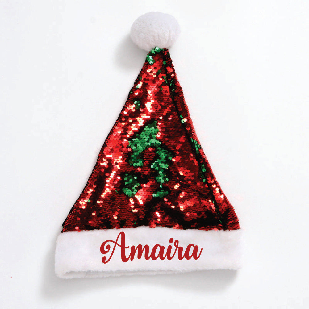 Personalised Sequins Santa Caps - (Green And Red)