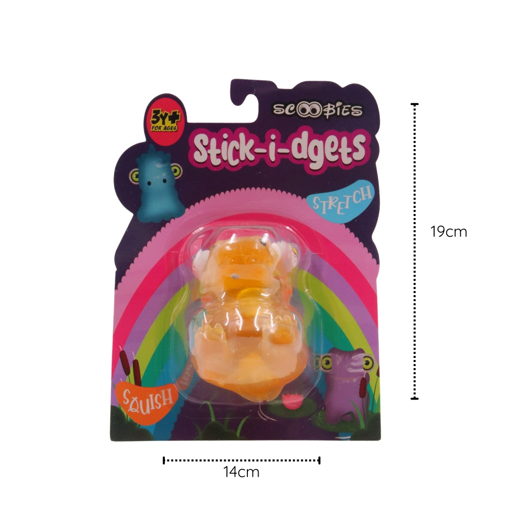 Scoobies Stick-i-dgets | Pack of 1 | Available in dinosaur shape with vibrant orange color | Soft and squishy with glow in the dark feature | Squeeze it and its eyes pop out | Good for hand muscle exercises and fidgeting