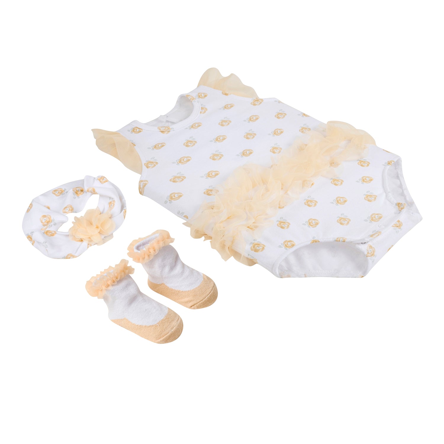 Baby Moo Rose Gift Set 3 Piece With Bodysuit, Socks And Headband - Yellow