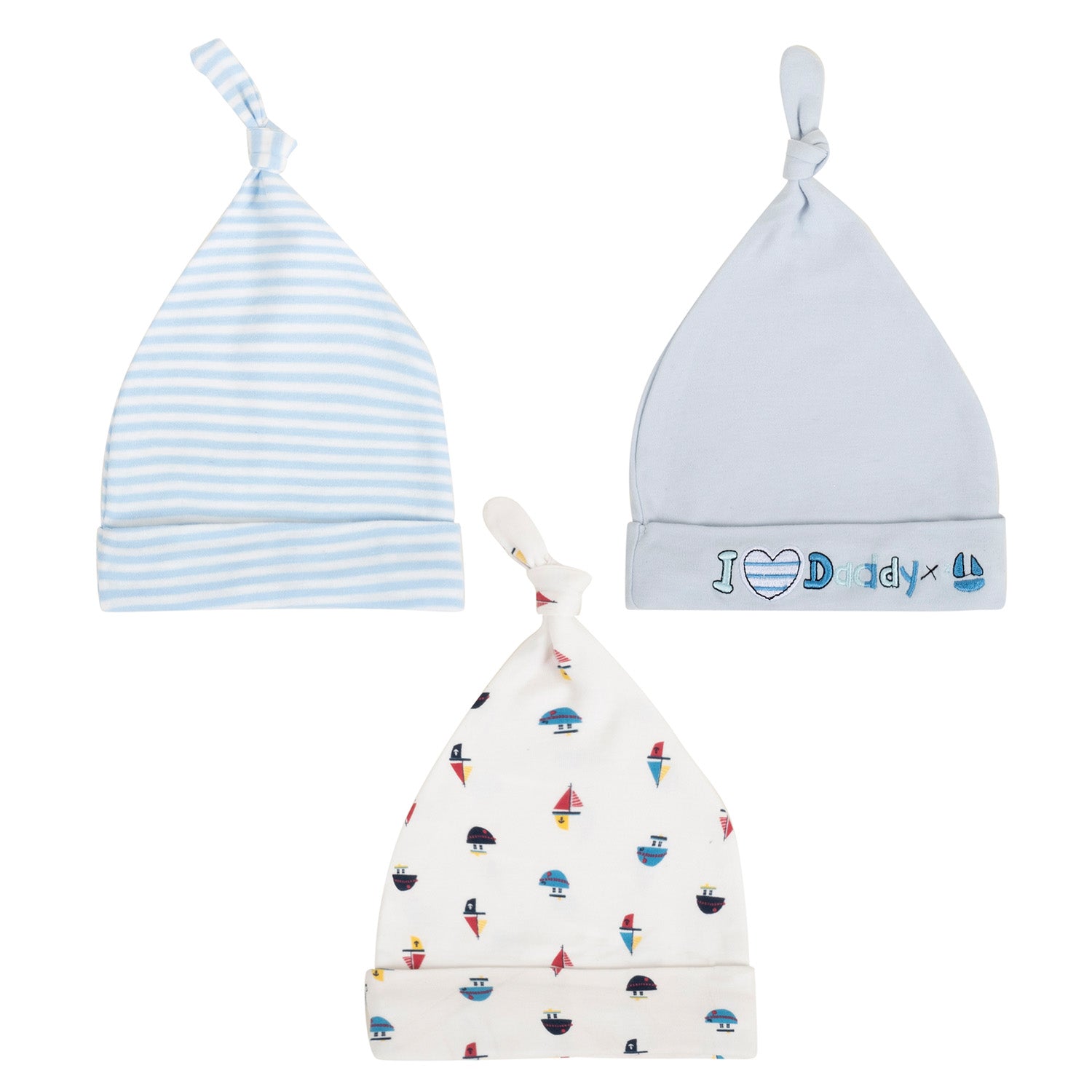 Baby Moo I Love Daddy Knotted Infants Ultra Soft 100% Cotton All Season Pack of 3 Caps - Blue