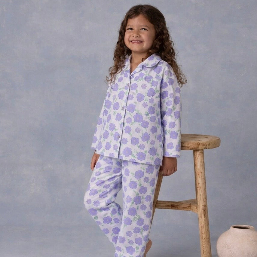 Kids Cotton Nightsuit - Multiple Designs - Purple Flowers design