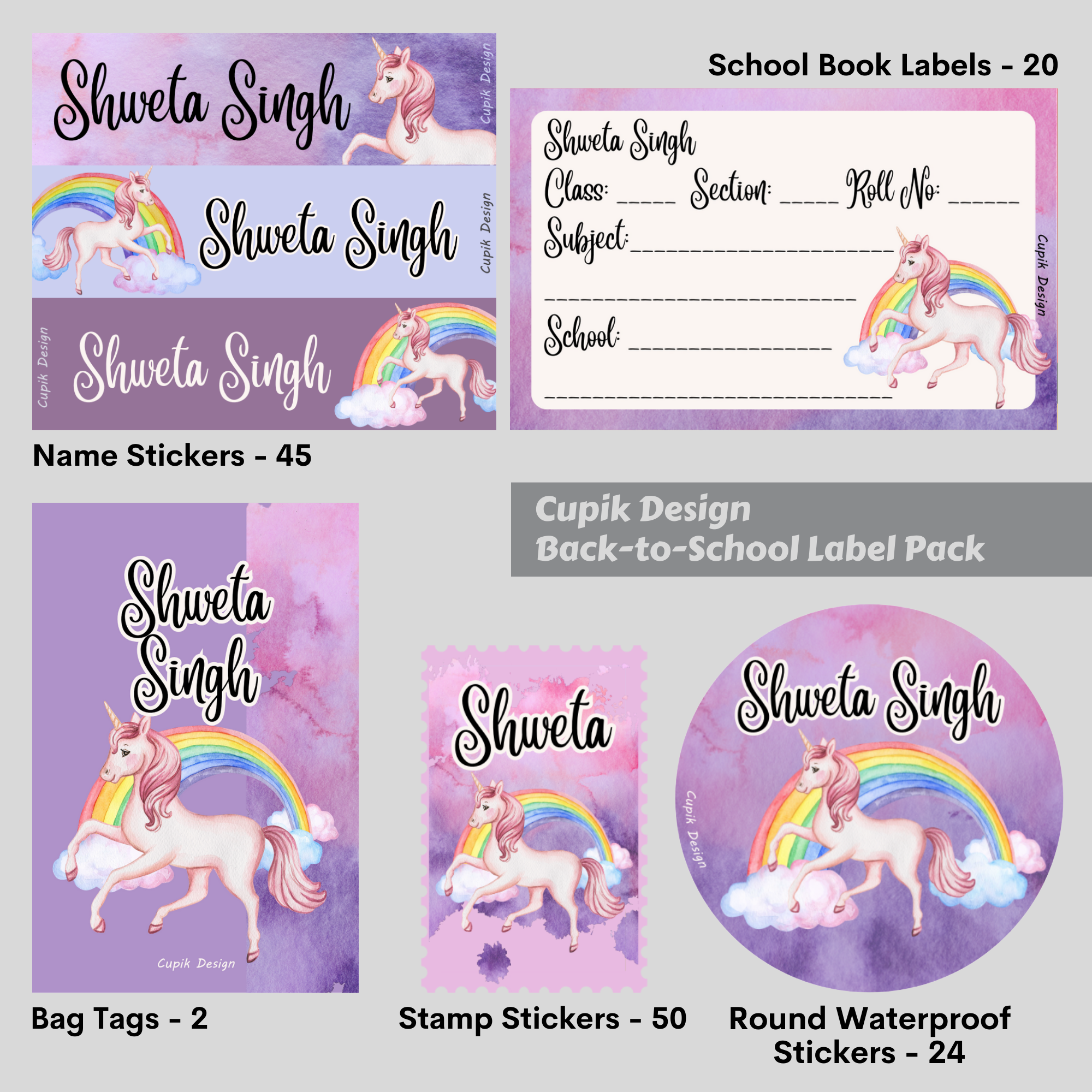 Unicorns & Rainbows - Back to School Label Pack