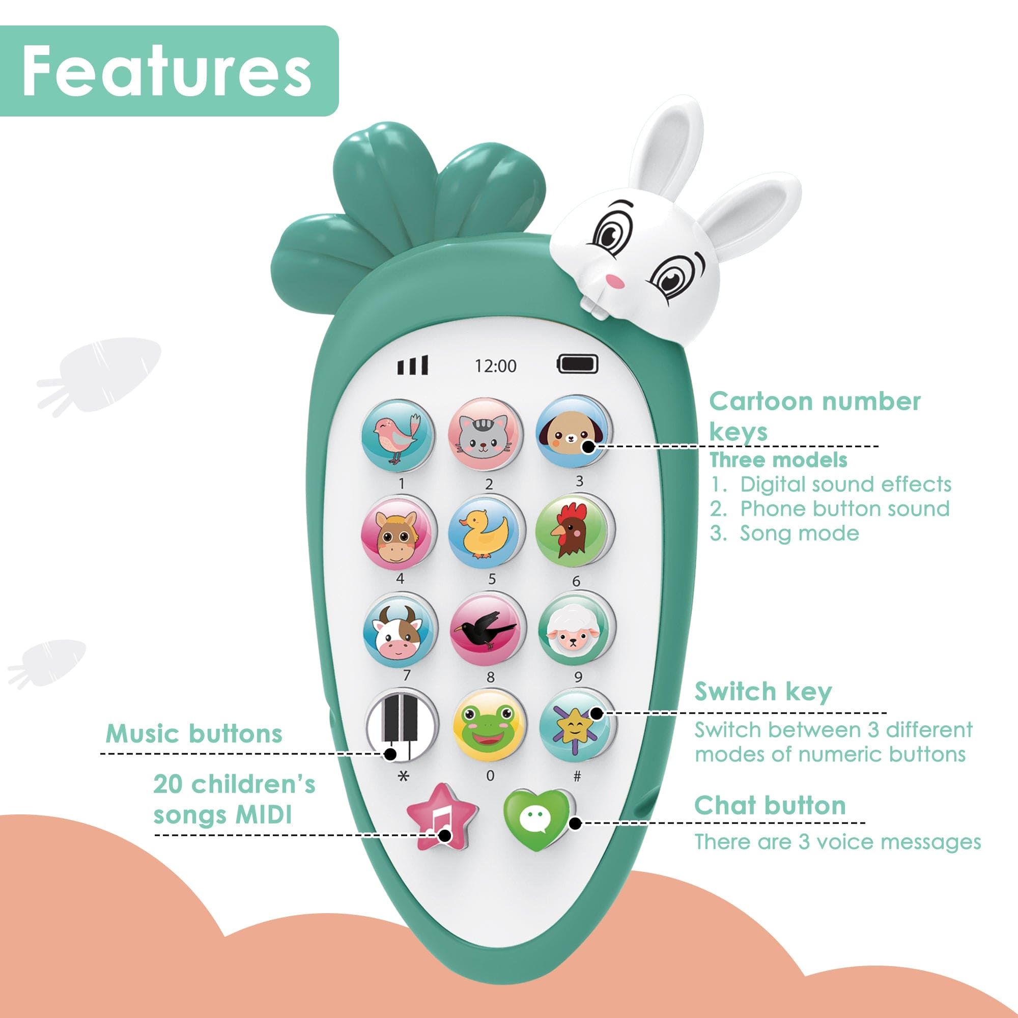 Baby Moo Bunny Musical Mobile Phone - Light Green