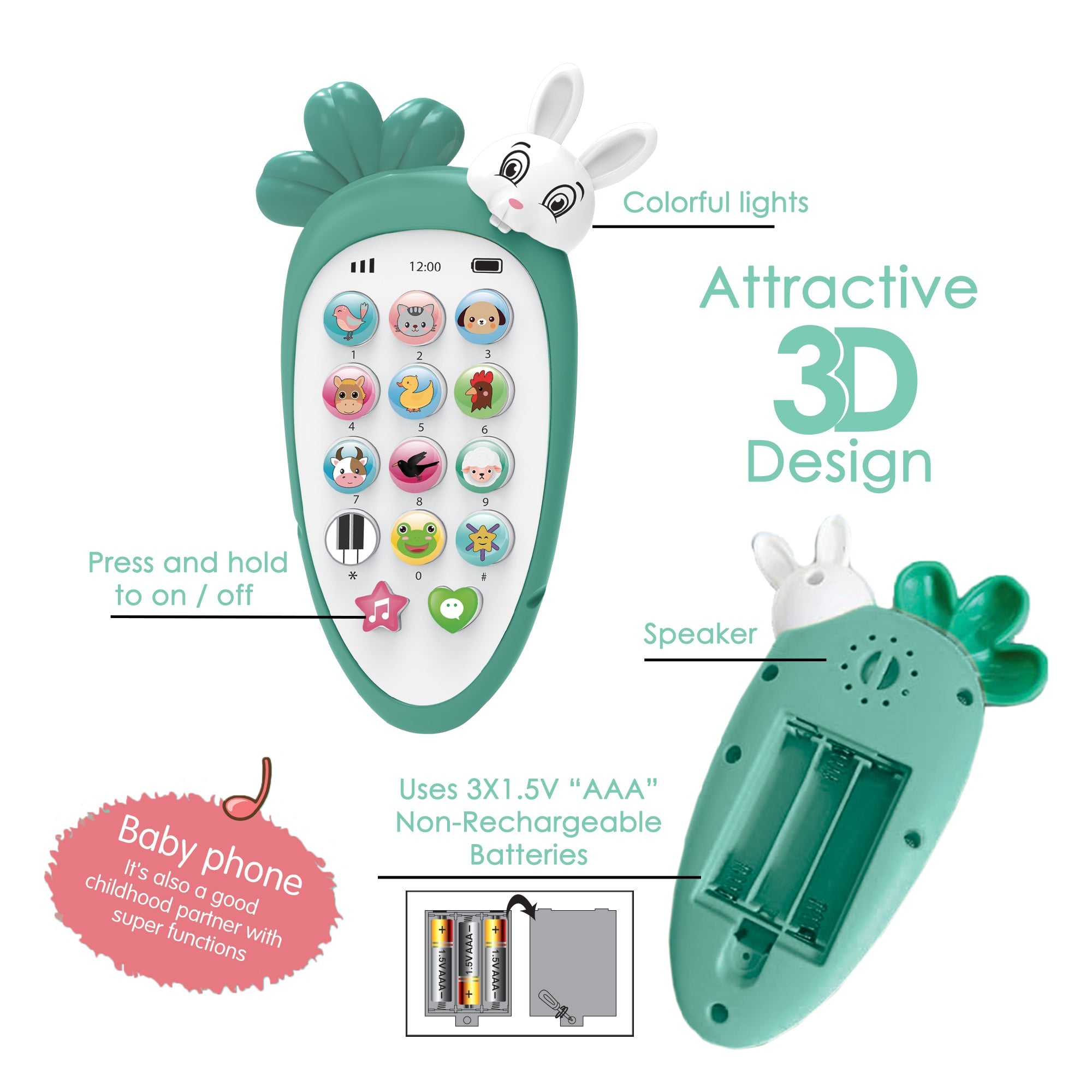 Baby Moo Bunny Musical Mobile Phone - Light Green