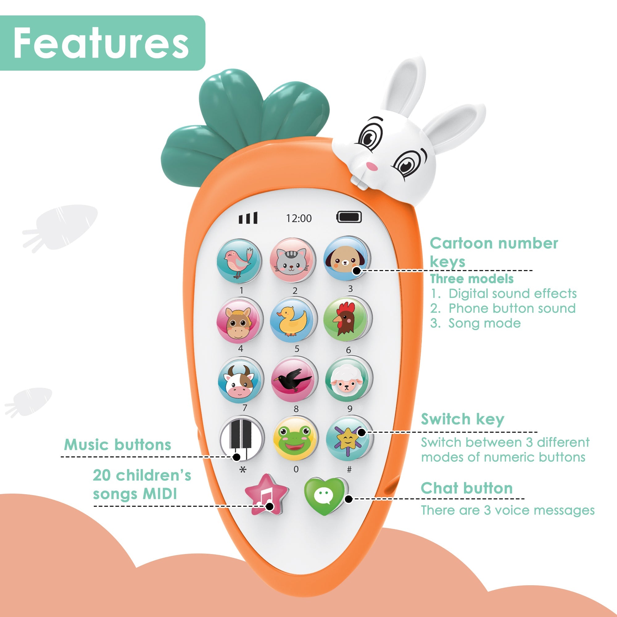 Baby Moo Bunny Musical Mobile Phone - Orange