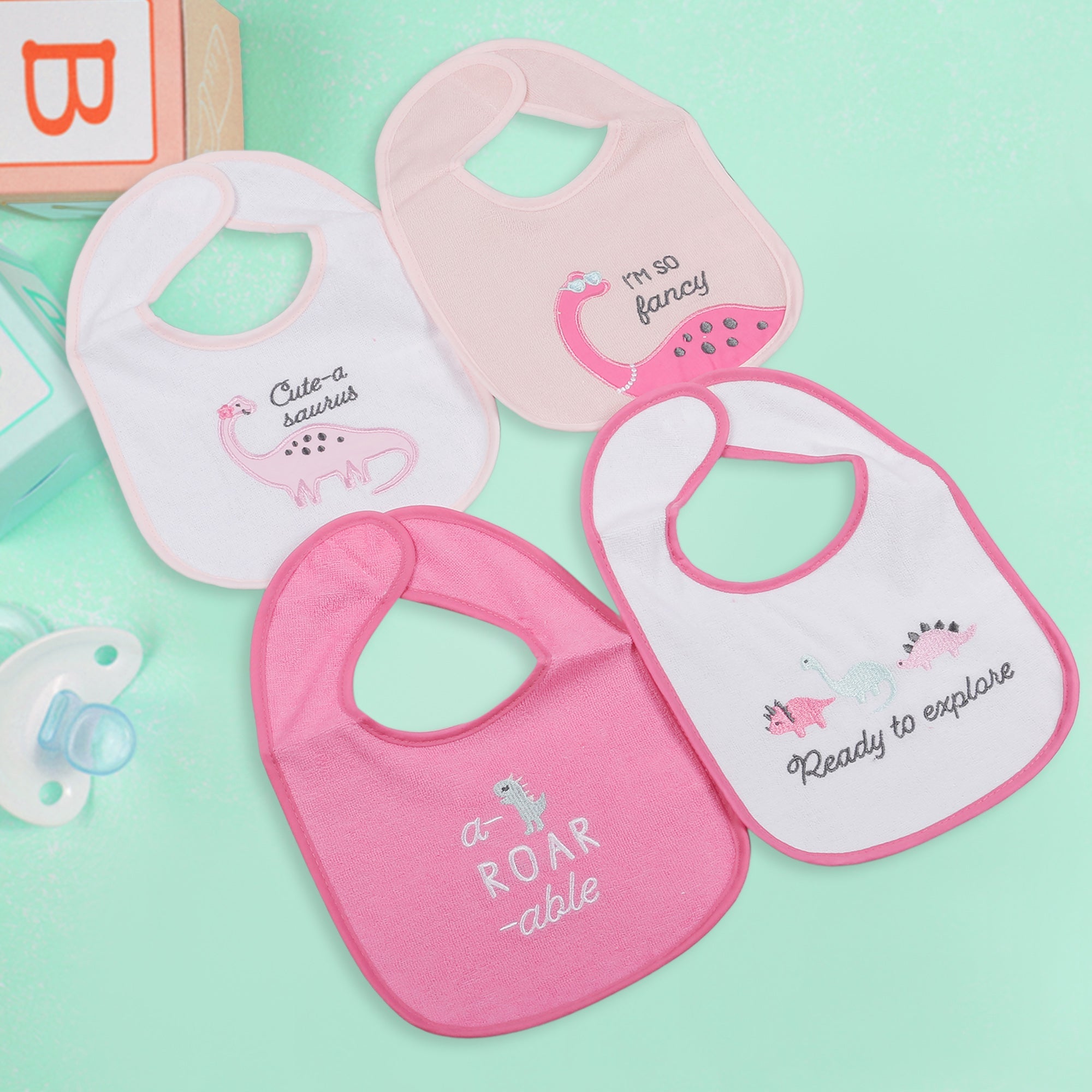 Feeding Bibs Pack Of 4 I'm So Fancy Dino White And Pink - Baby Moo