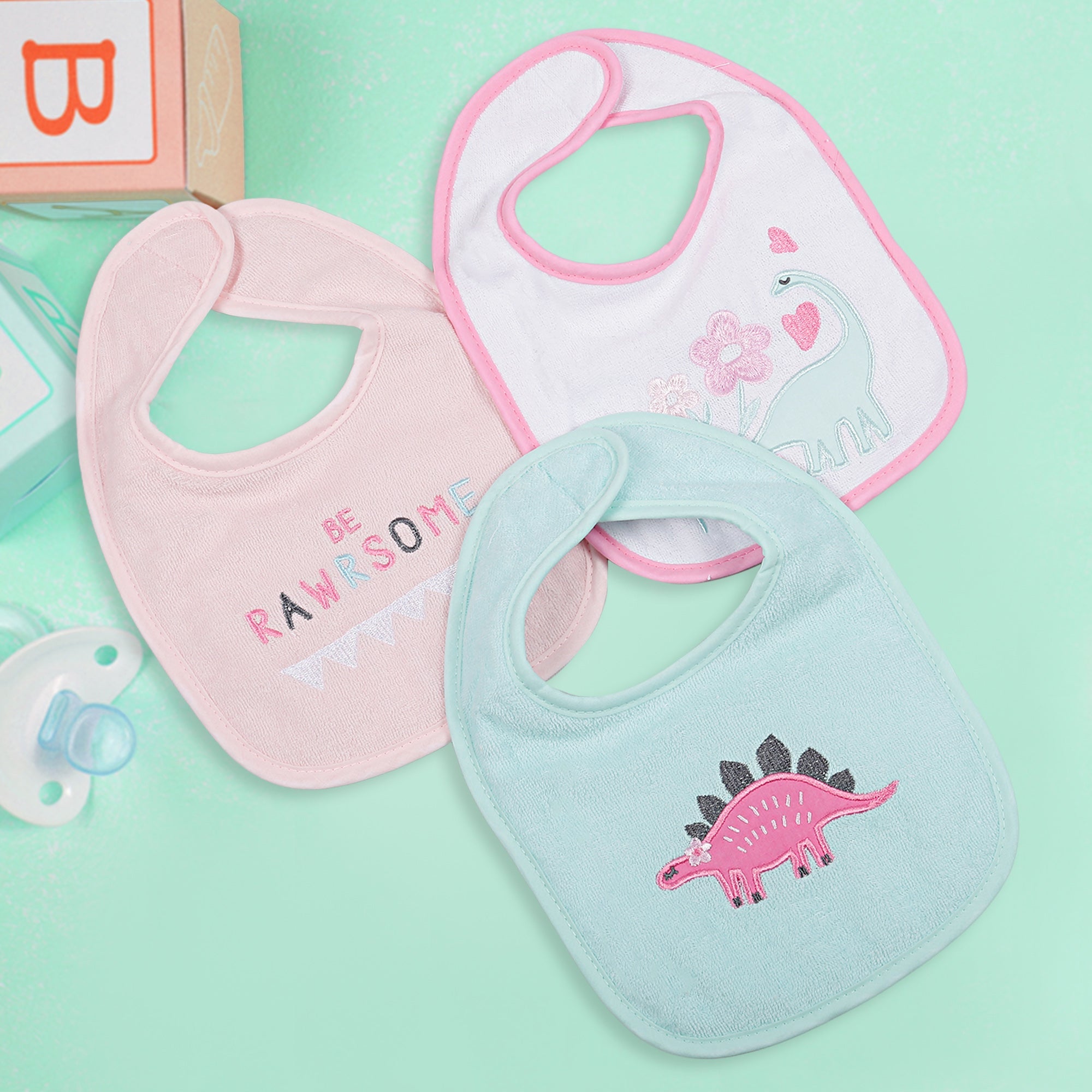 Feeding Bibs Pack Of 3 Rawrsome Dino Pink And Green - Baby Moo