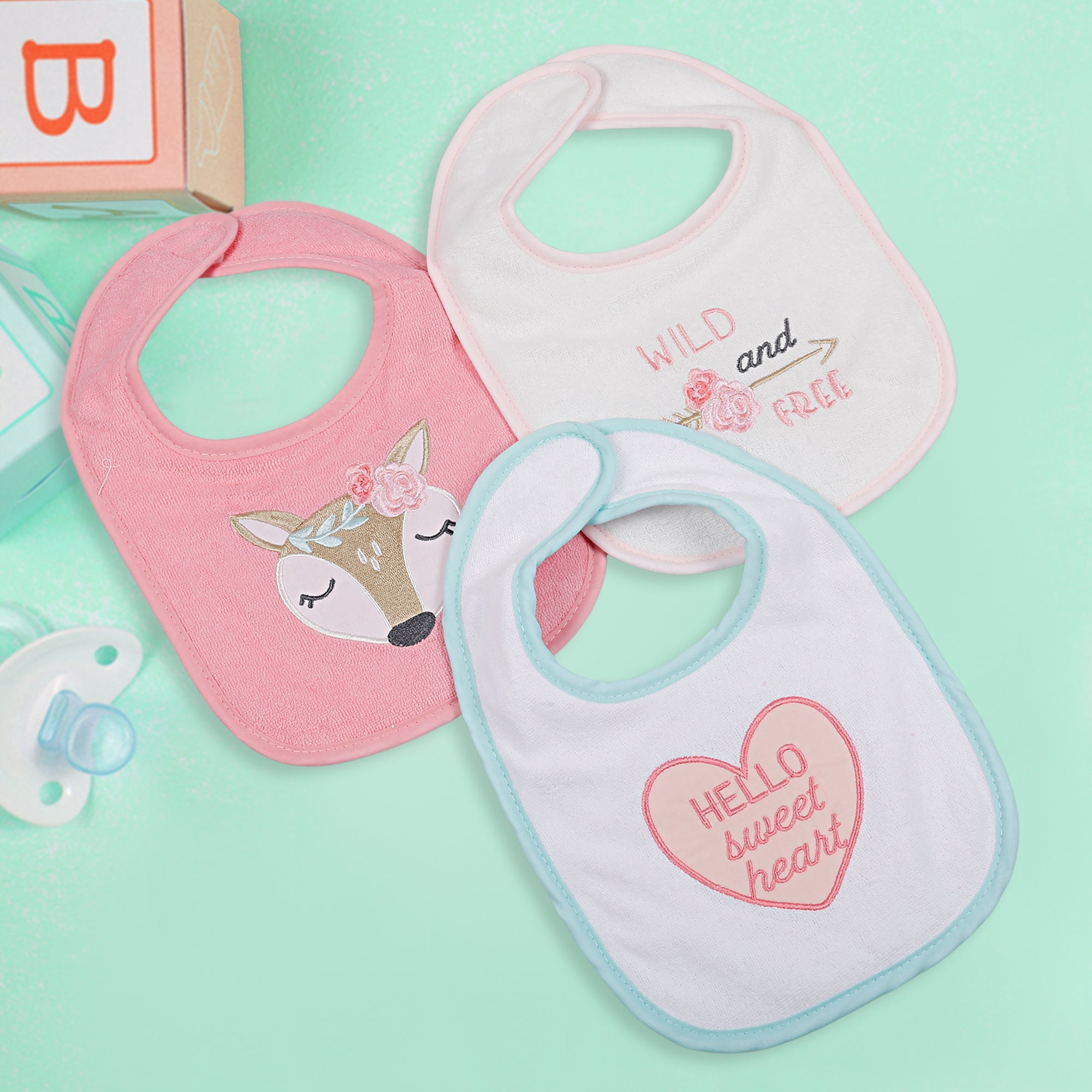 Feeding Bibs Pack Of 3 Wild And Free White And Pink - Baby Moo