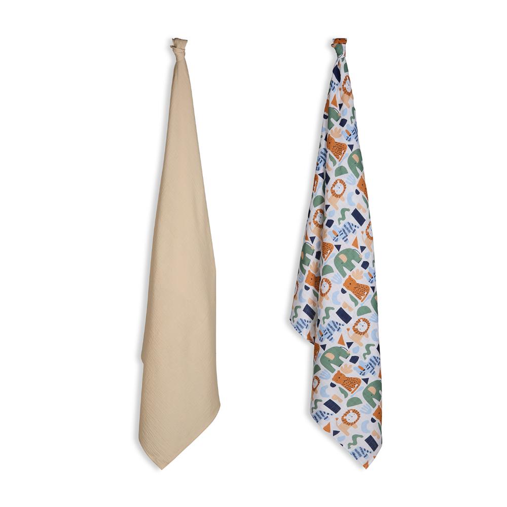 3 in 1 Muslin Swaddle Wrapper Pack of 2 (Size 41x41 Inches) Animal Print & Oatmeal