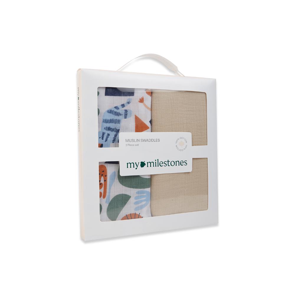 3 in 1 Muslin Swaddle Wrapper Pack of 2 (Size 41x41 Inches) Animal Print & Oatmeal