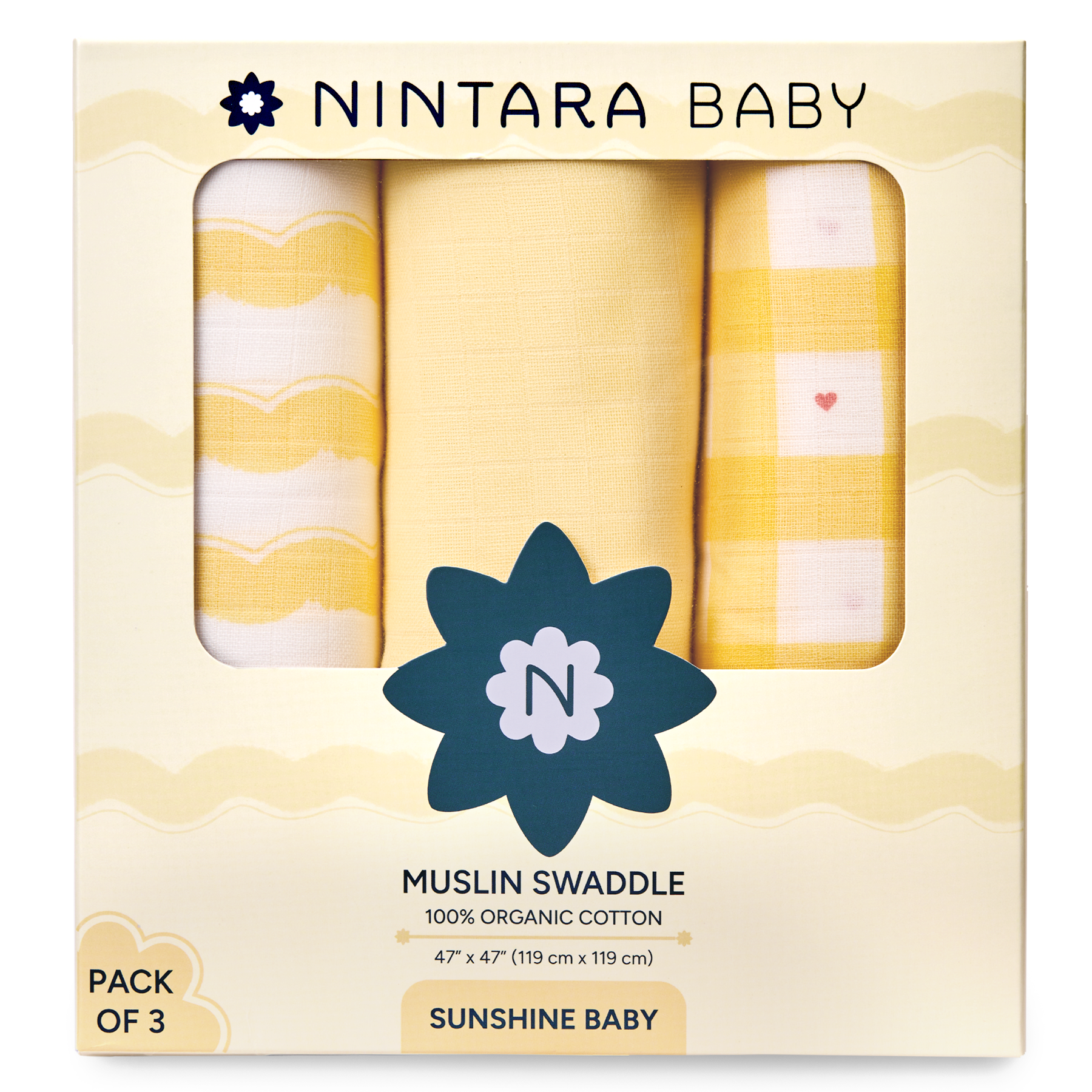 Nintara Baby Extra-Large Swaddle - 100% Organic Premium Muslin Cotton, 47" x 47" (119 cm x 119 cm), Ultra-Soft, Breathable & Lightweight, Multipurpose, Unisex, Hypoallergenic, Gifts for Newborn Babies