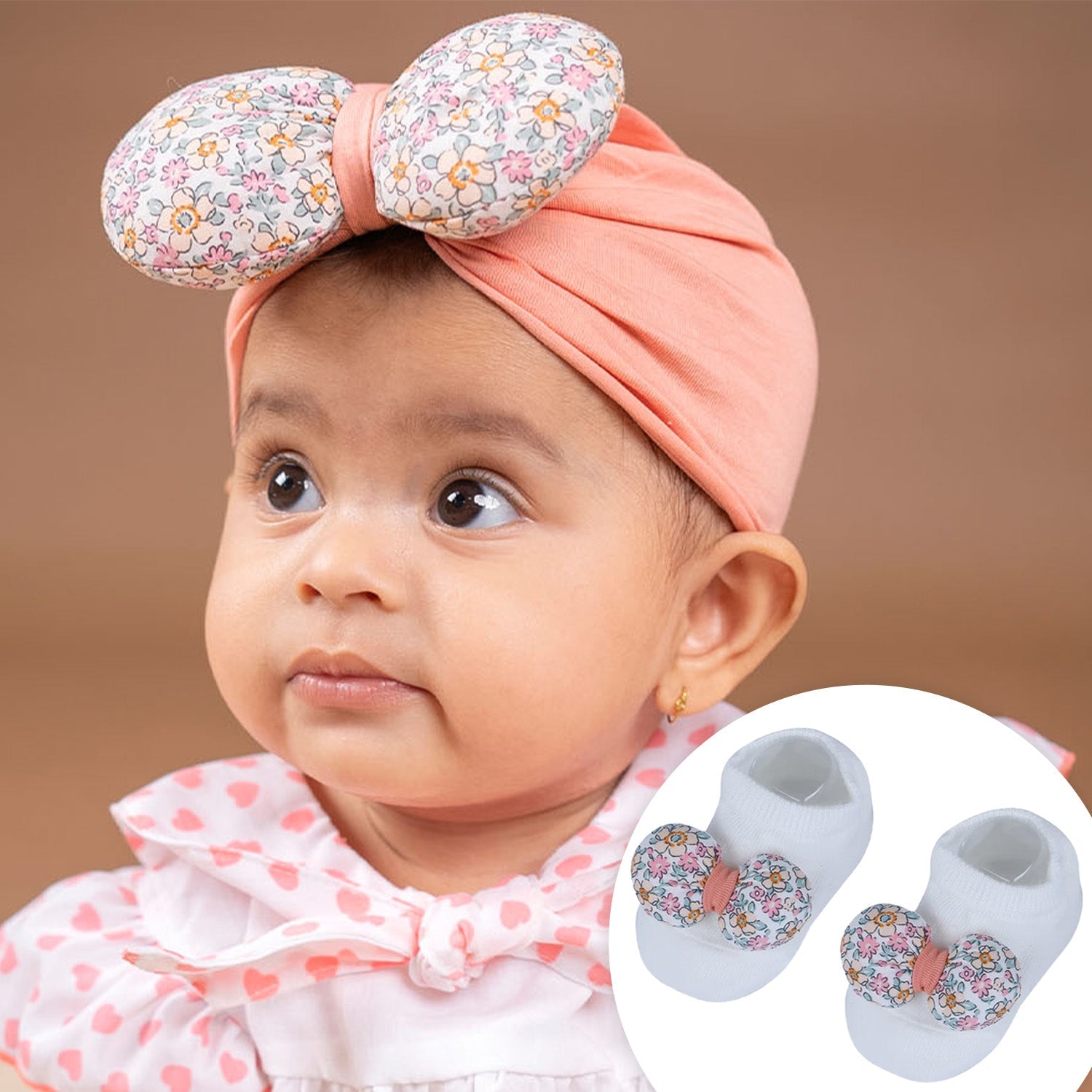 Baby Moo Floral Bow Matching Cap And Socks Set - Peach - Baby Moo