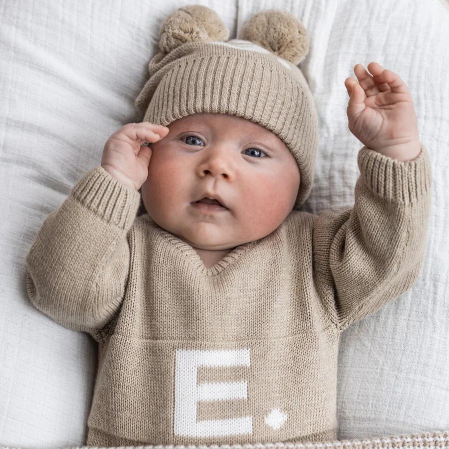 Double Pom Pom Beanie - Light Camel ; Letter: Ivory