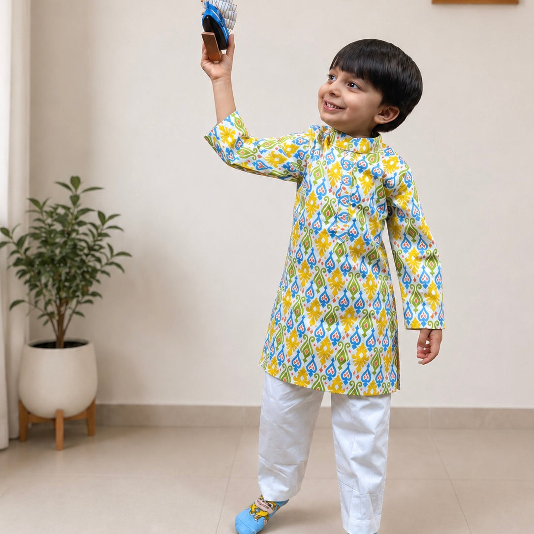 Boys Cotton Kurta Set - Multiple Designs - Colorful Ikkat design