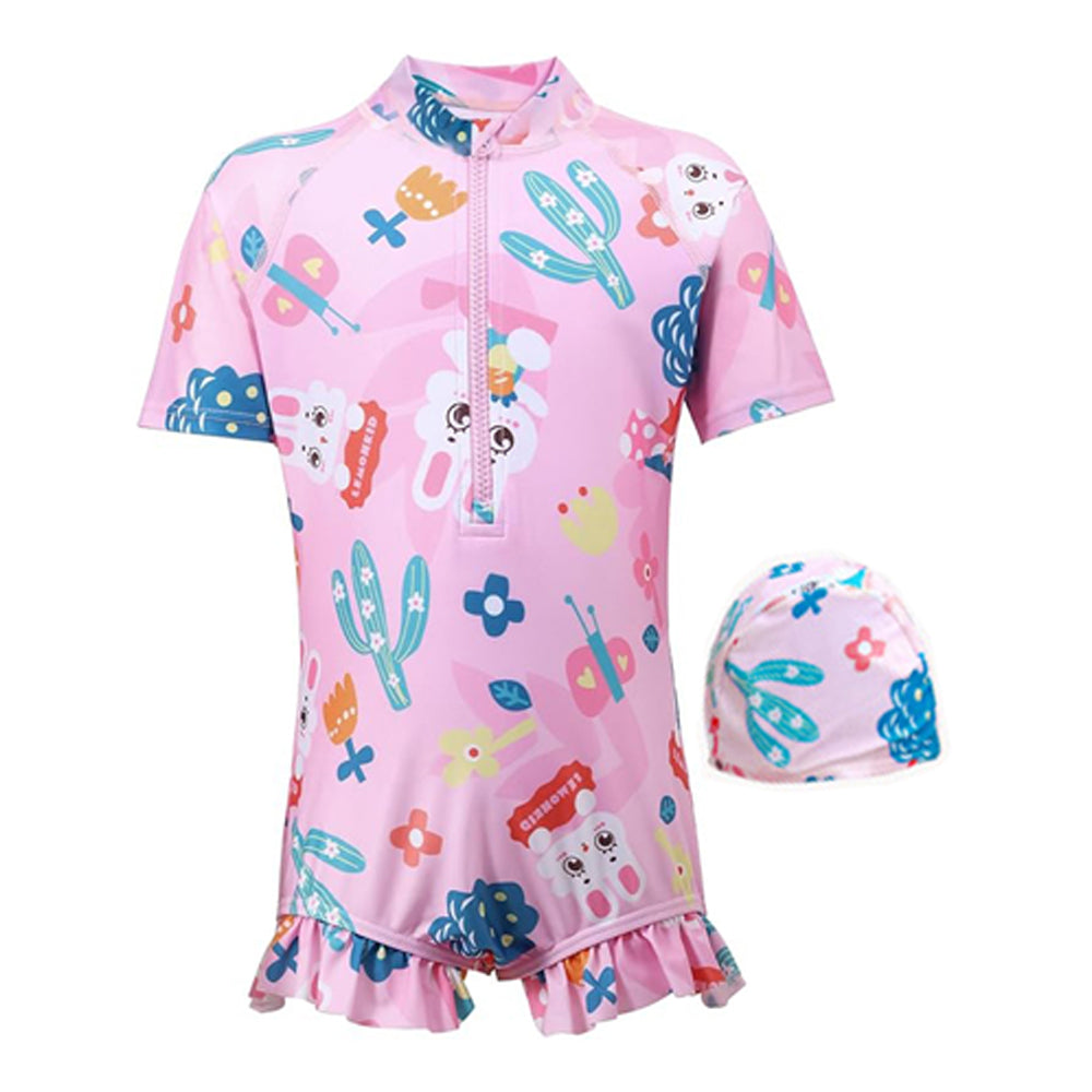 Pink Bunny Kids Swimwear with matching Swim Cap with UPF 50+