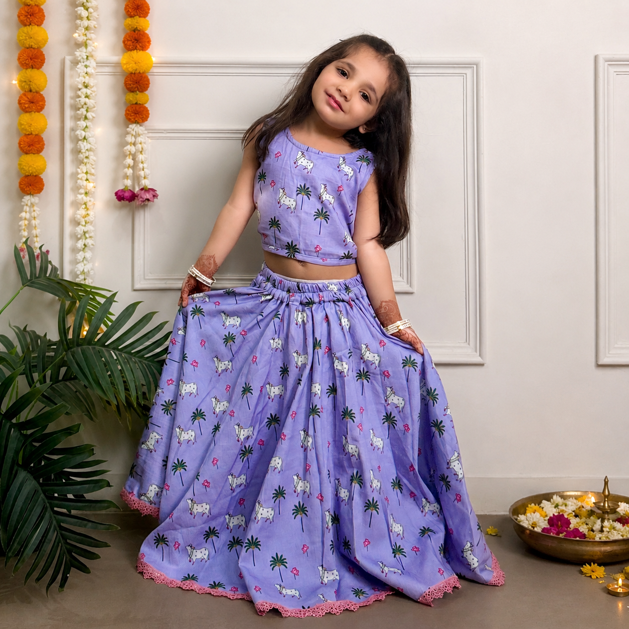 Girls Cotton Lehenga Set - Multiple Designs - Vrindavan design