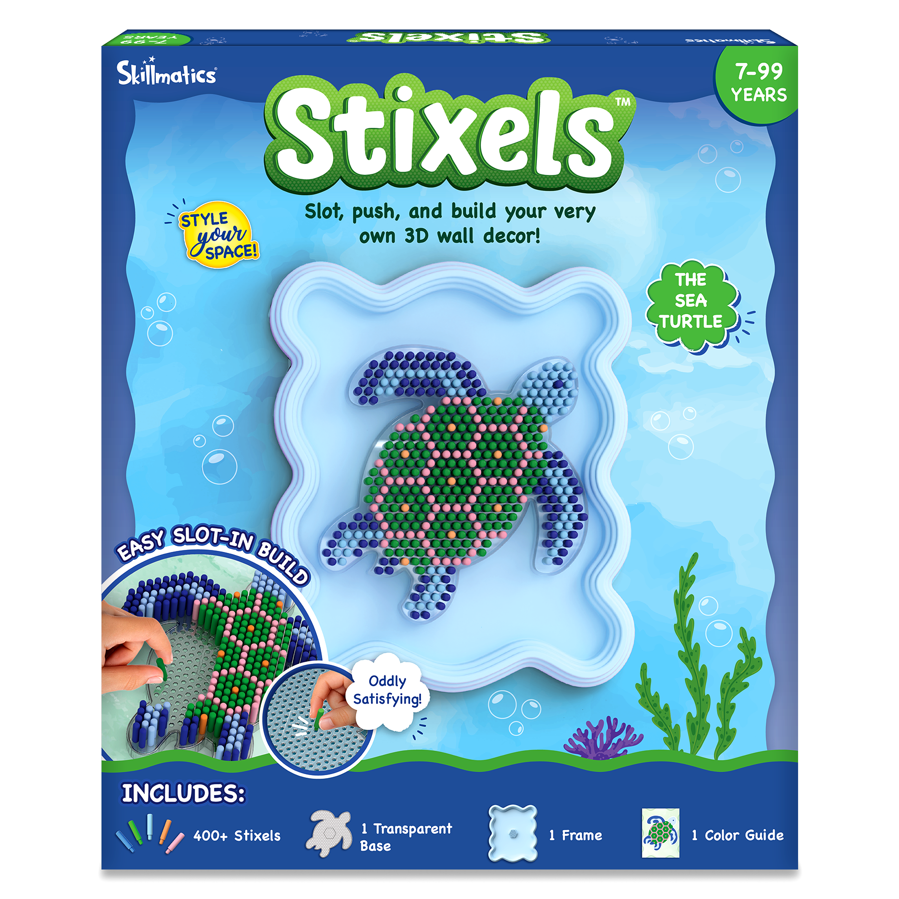 Stixels turtle toy packaging with blue background and turtle design