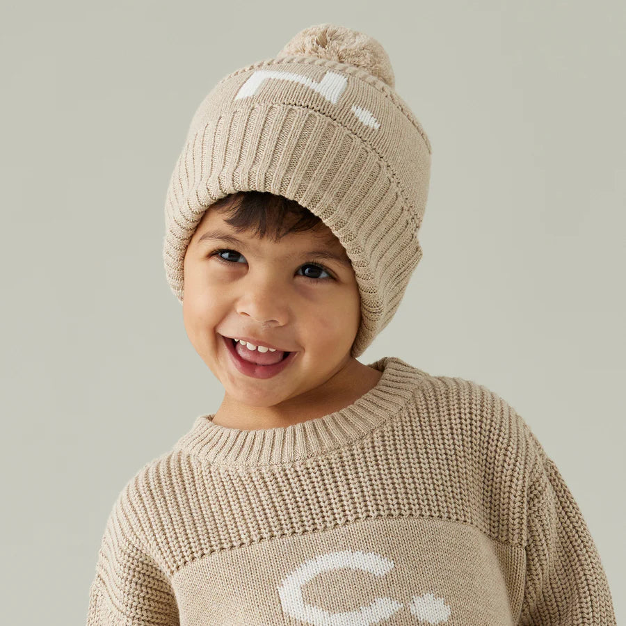 Chunky Knit Letter Beanie - Light Camel; Letter: Oatmeal