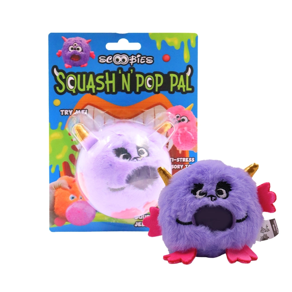 Scoobies Squash N Pop Pal Monster | Pack of 1 | Available in monster shaped furry ball in purple color | Soft and squishy with jelly beads inside | Squeeze it and beads pop out of the mouth | Good for hand muscle exercises and fidgeting