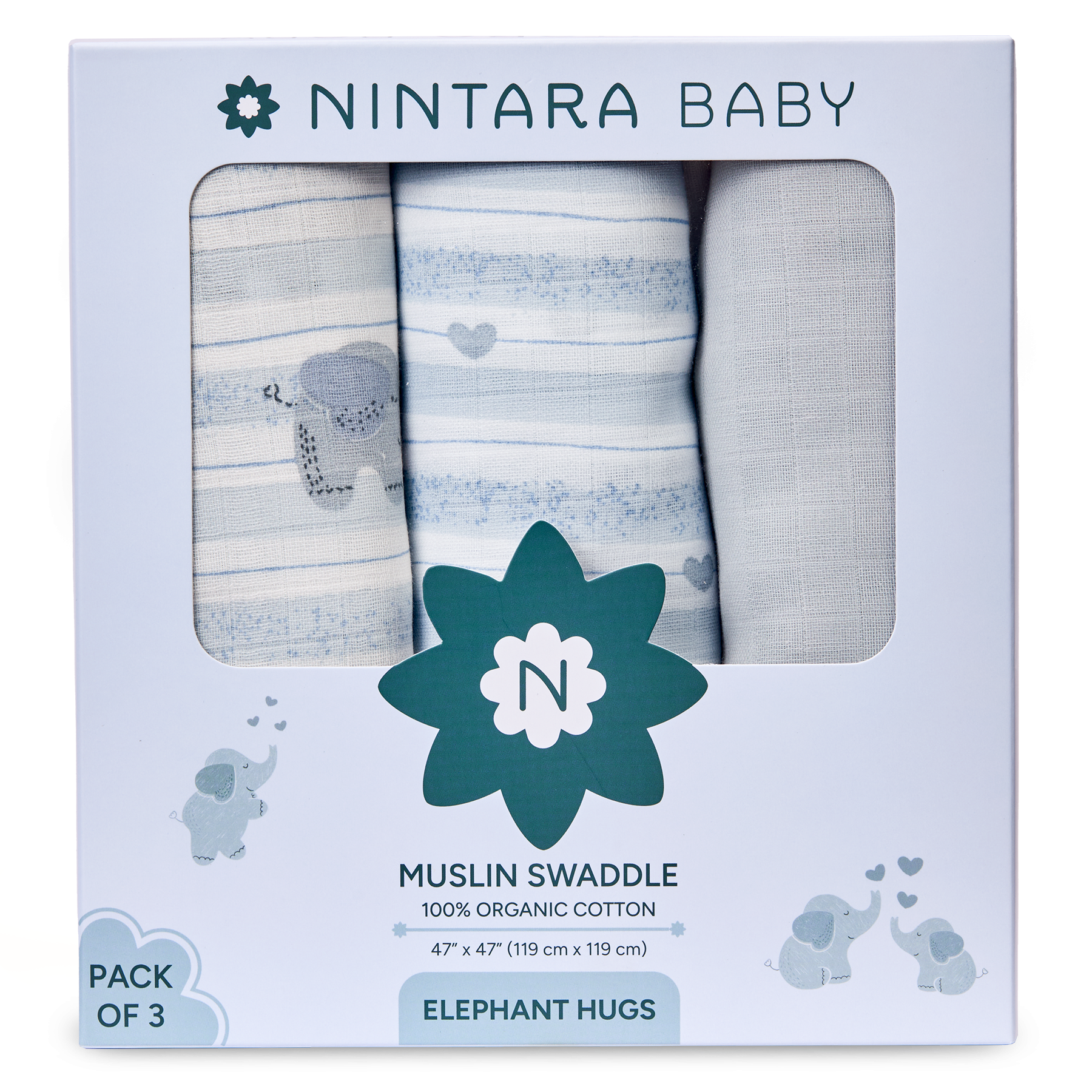 Nintara Baby Extra-Large Swaddle - 100% Organic Premium Muslin Cotton, 47" x 47" (119 cm x 119 cm), Ultra-Soft, Breathable & Lightweight, Multipurpose, Unisex, Hypoallergenic, Gifts for Newborn Babies