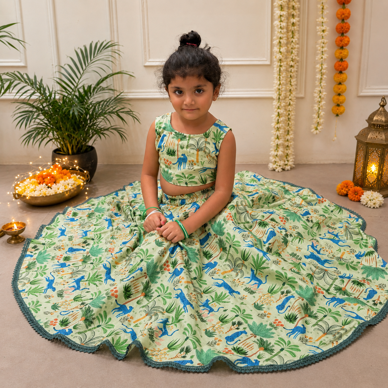 Girls Cotton Lehenga Set - Multiple Designs - Jungle design