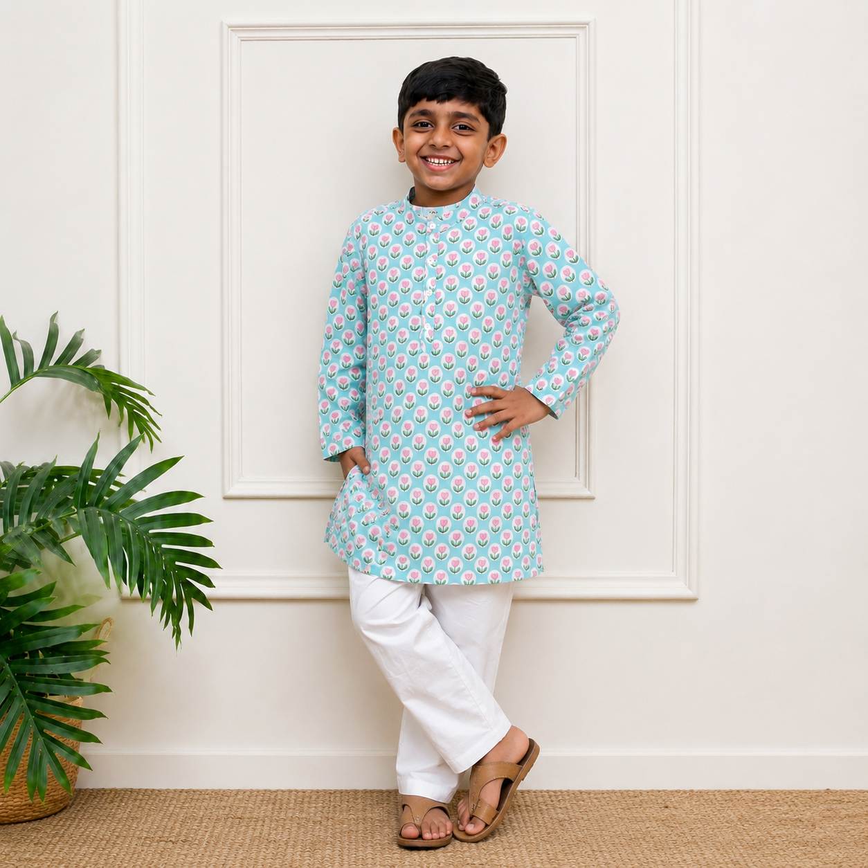 Boys Cotton Kurta Set - Multiple Designs - Lotus design